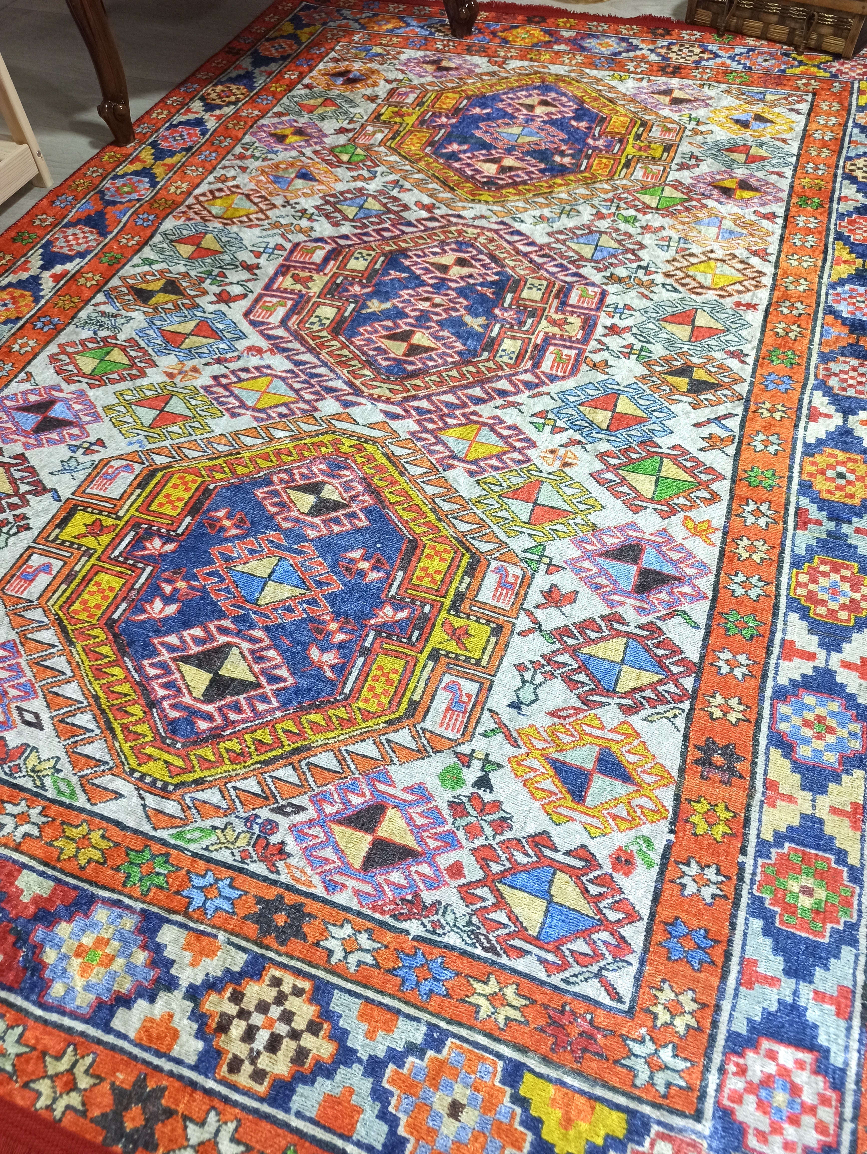 Persian Style Rug, Natural Ivory Colorful Vintage Rug