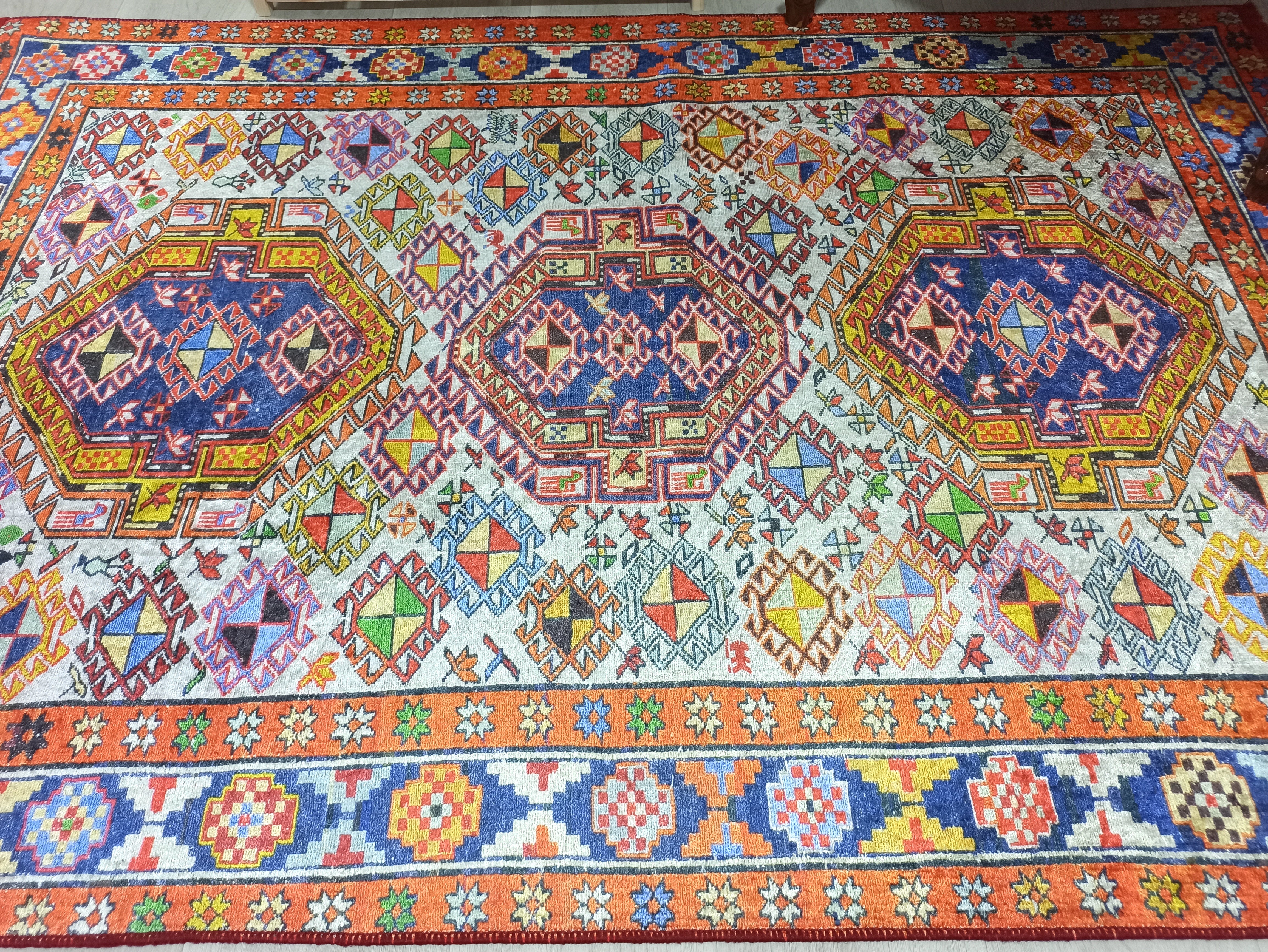 Persian Style Rug, Natural Ivory Colorful Vintage Rug