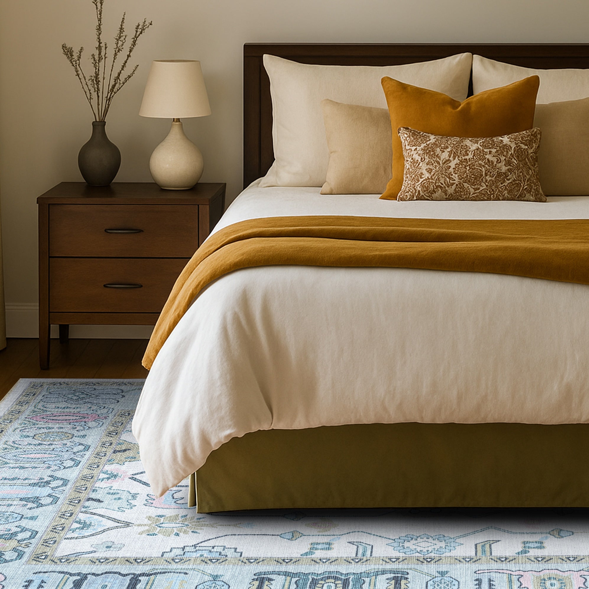 Wafiya Cream Green Modern Oushak Rug