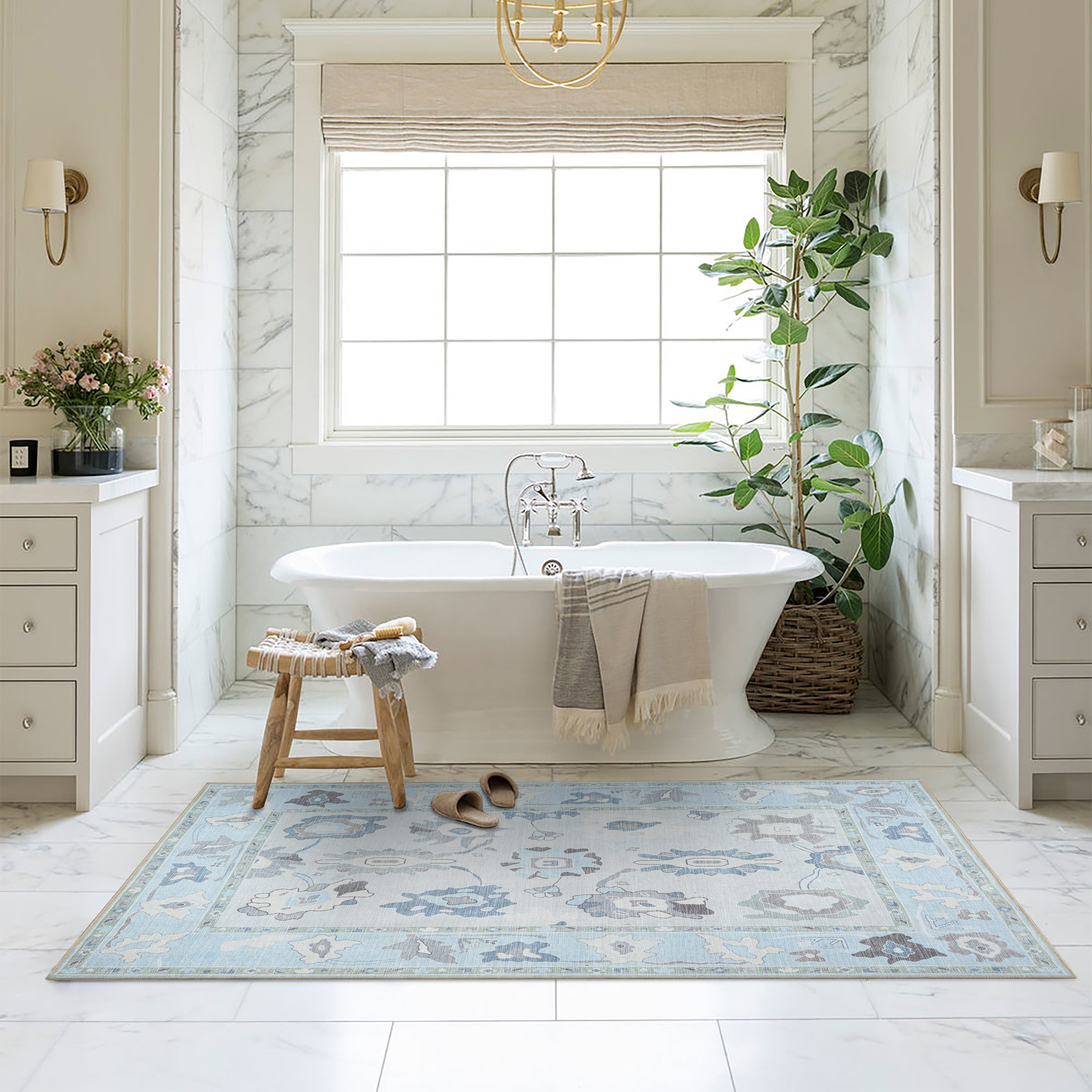 Pamira Cream Blue Floral Modern Oushak Rug