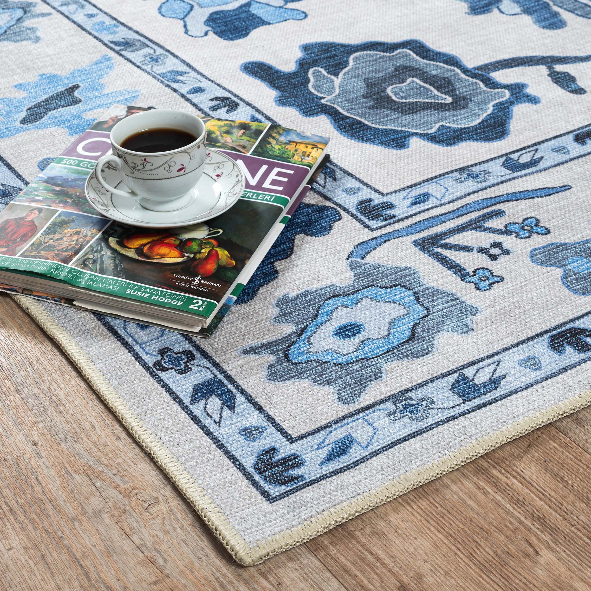 Ellis Navy Blue White Modern Floral Oushak Rug