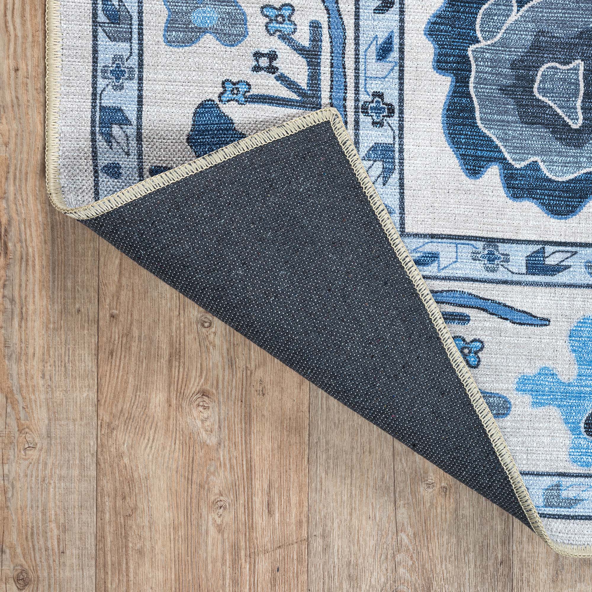 Ellis Navy Blue White Modern Floral Oushak Rug