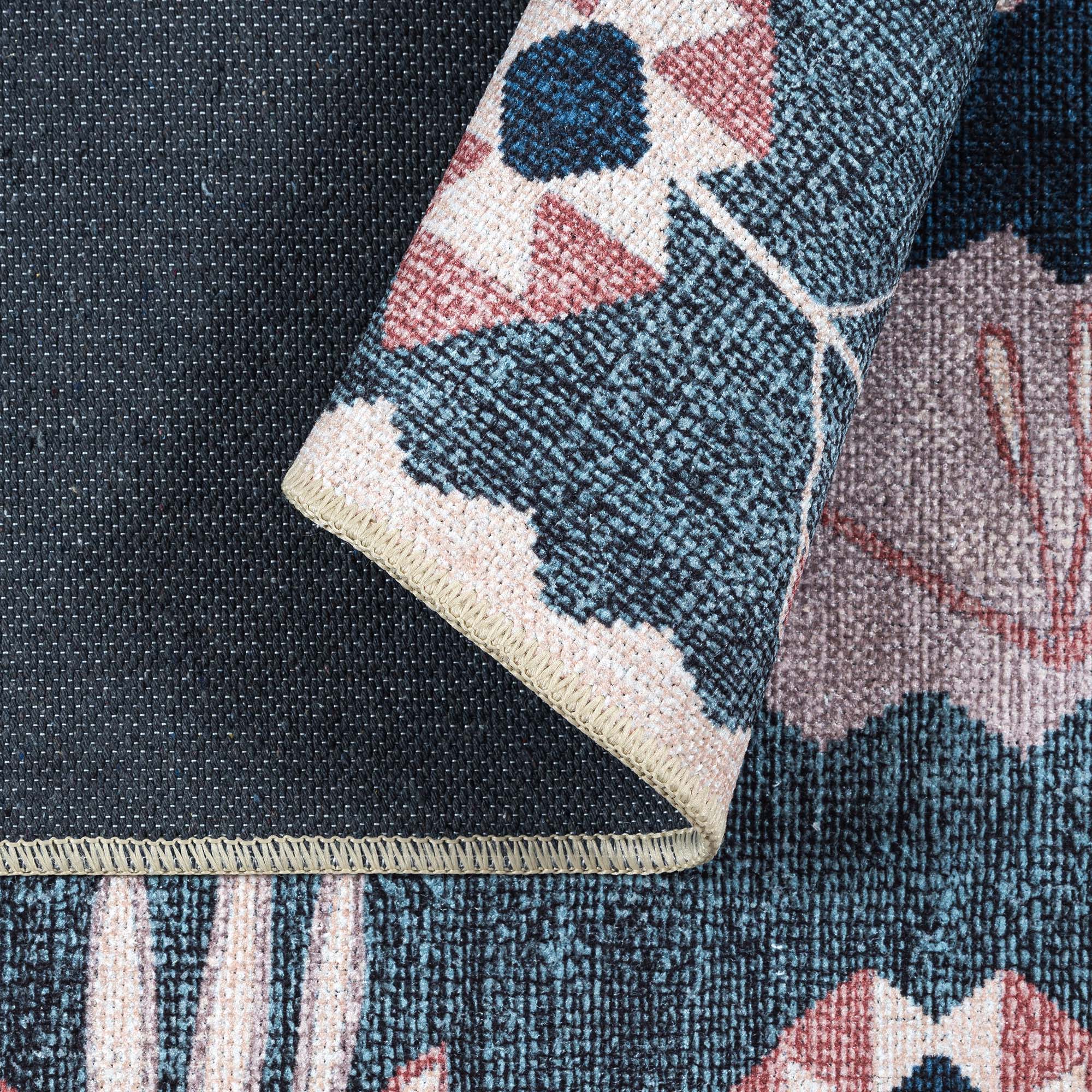 Marceline Navy Blue Floral Turkish Kilim Rug