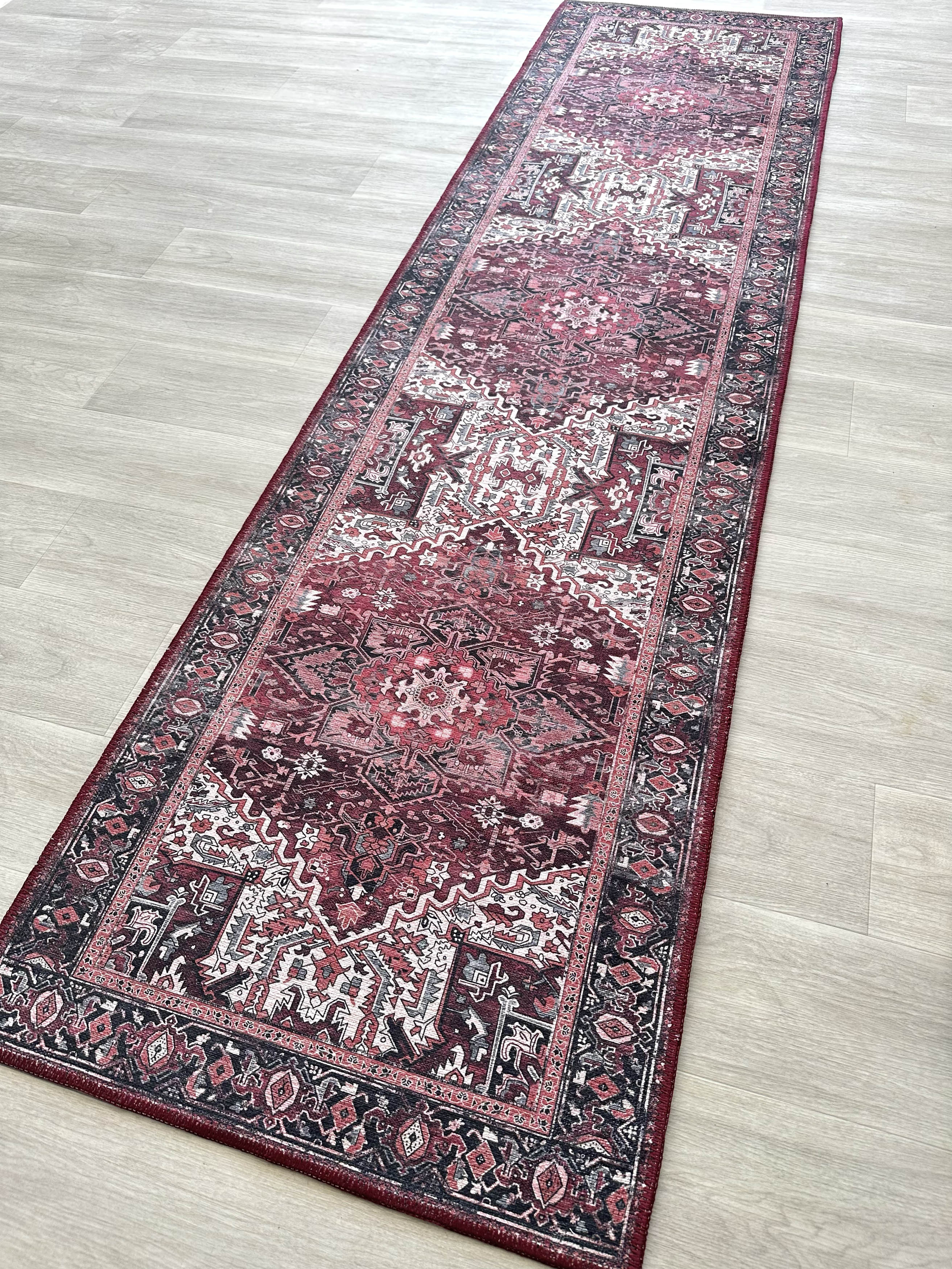 Avla Burgundy Red Floral Heriz Persian Rug