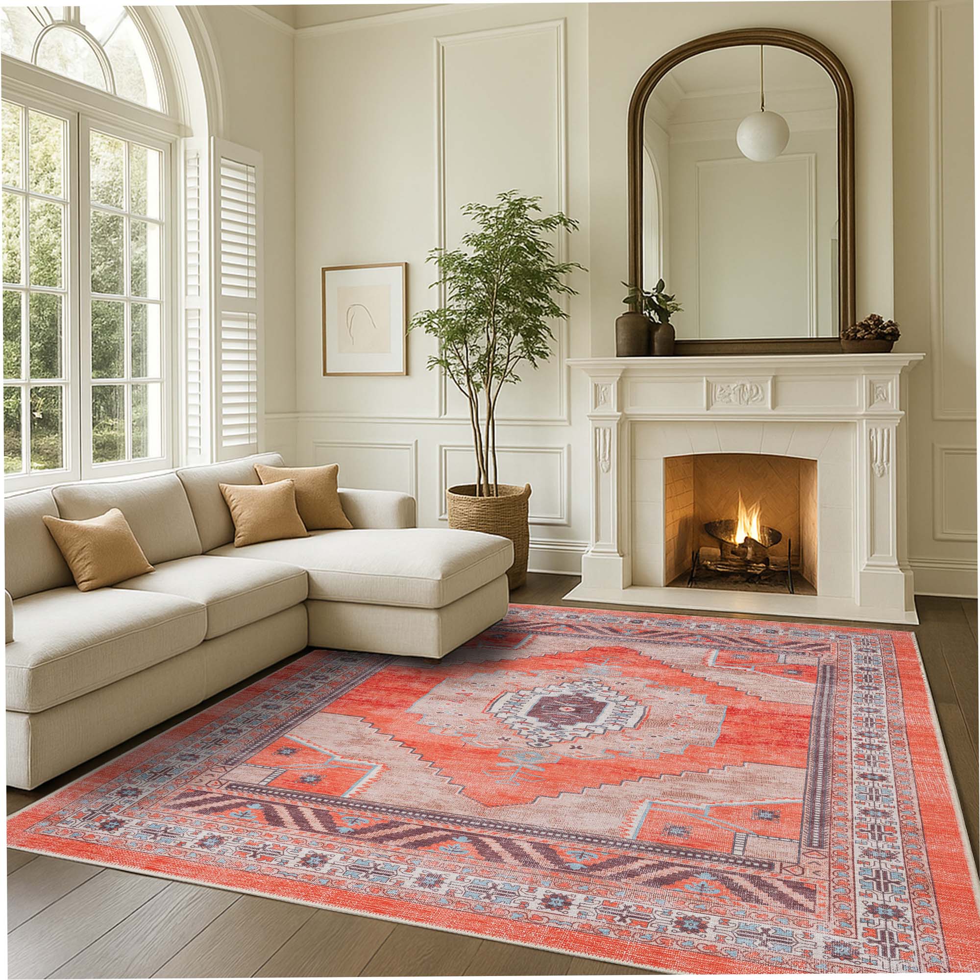 Christelle Warm Orange Beige Turkish Vintage Rug