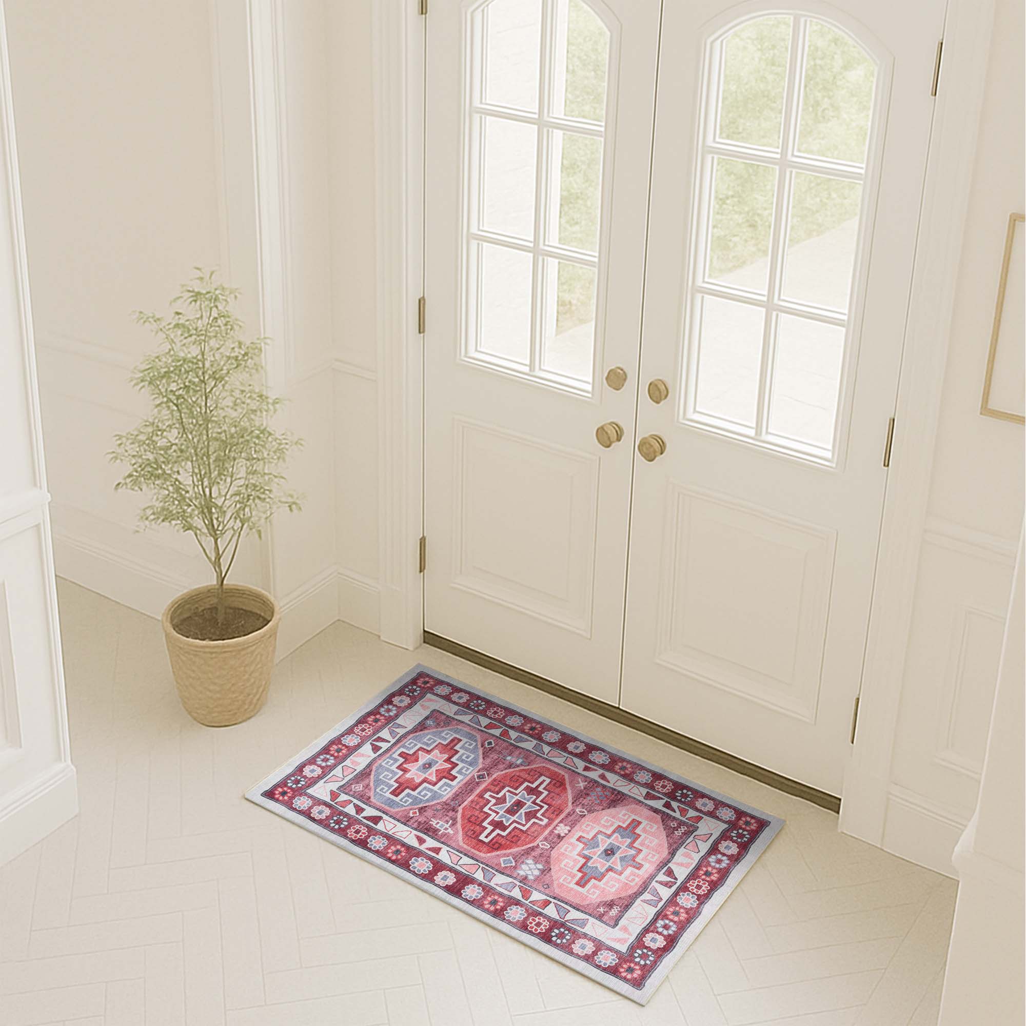 Aura Red Orange Herki Vintage Oushak Rug