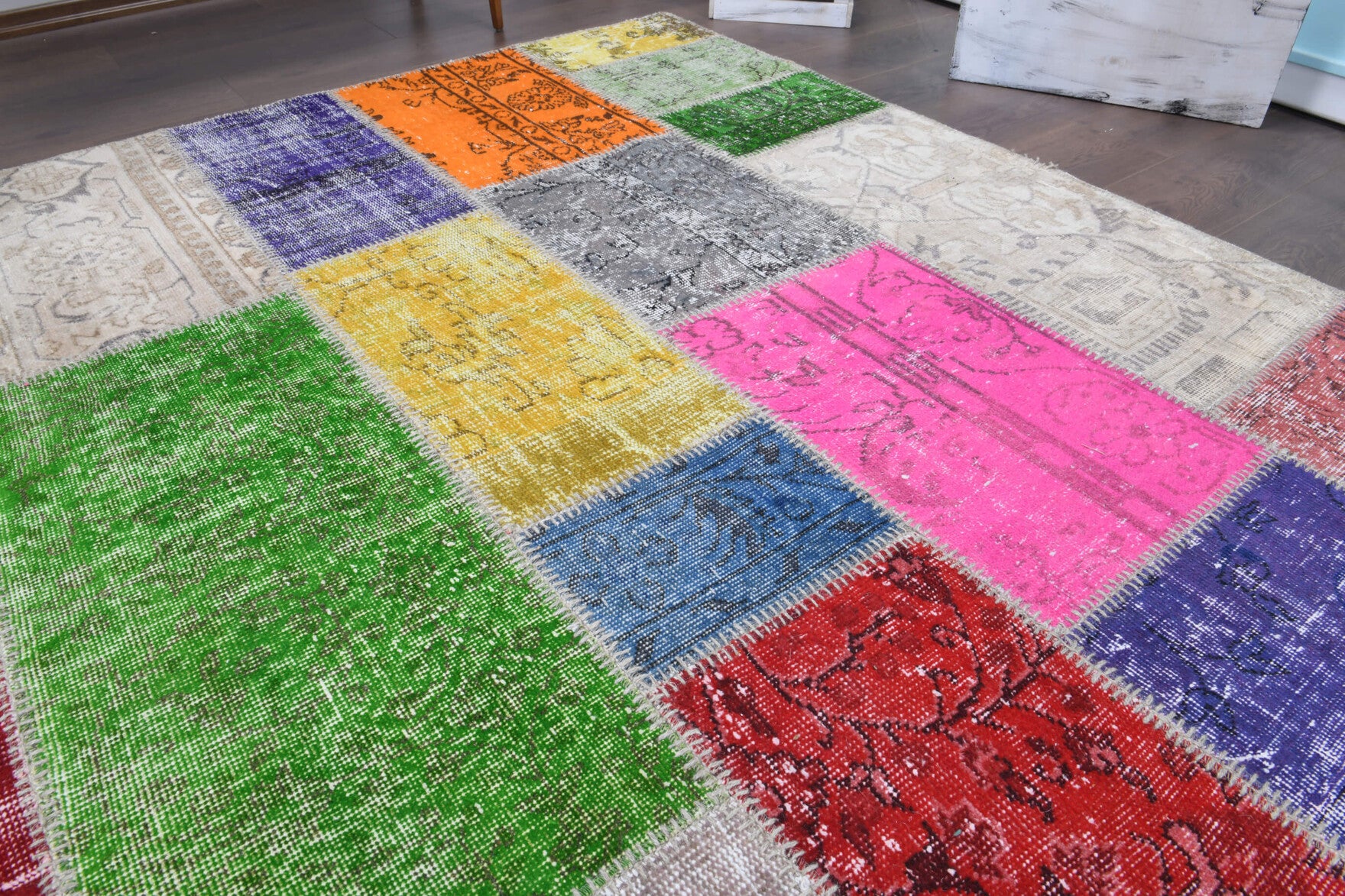 Ambrodora rug: 1970s handmade Anatolian rug with tribal motifs and fabric backing