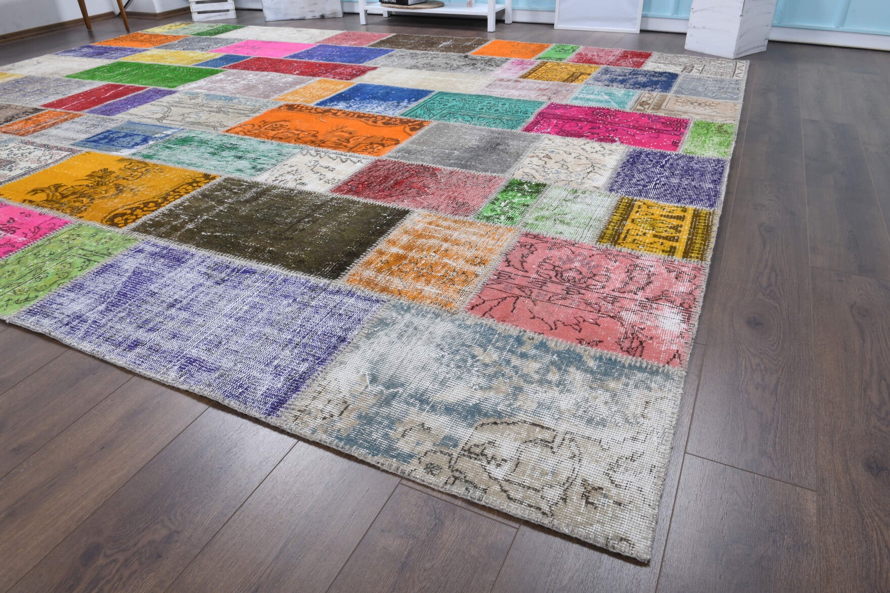 Authentic Anatolian vintage patchwork area rug (1970s) with tribal design – one-of-a-kind at Fame Rugs