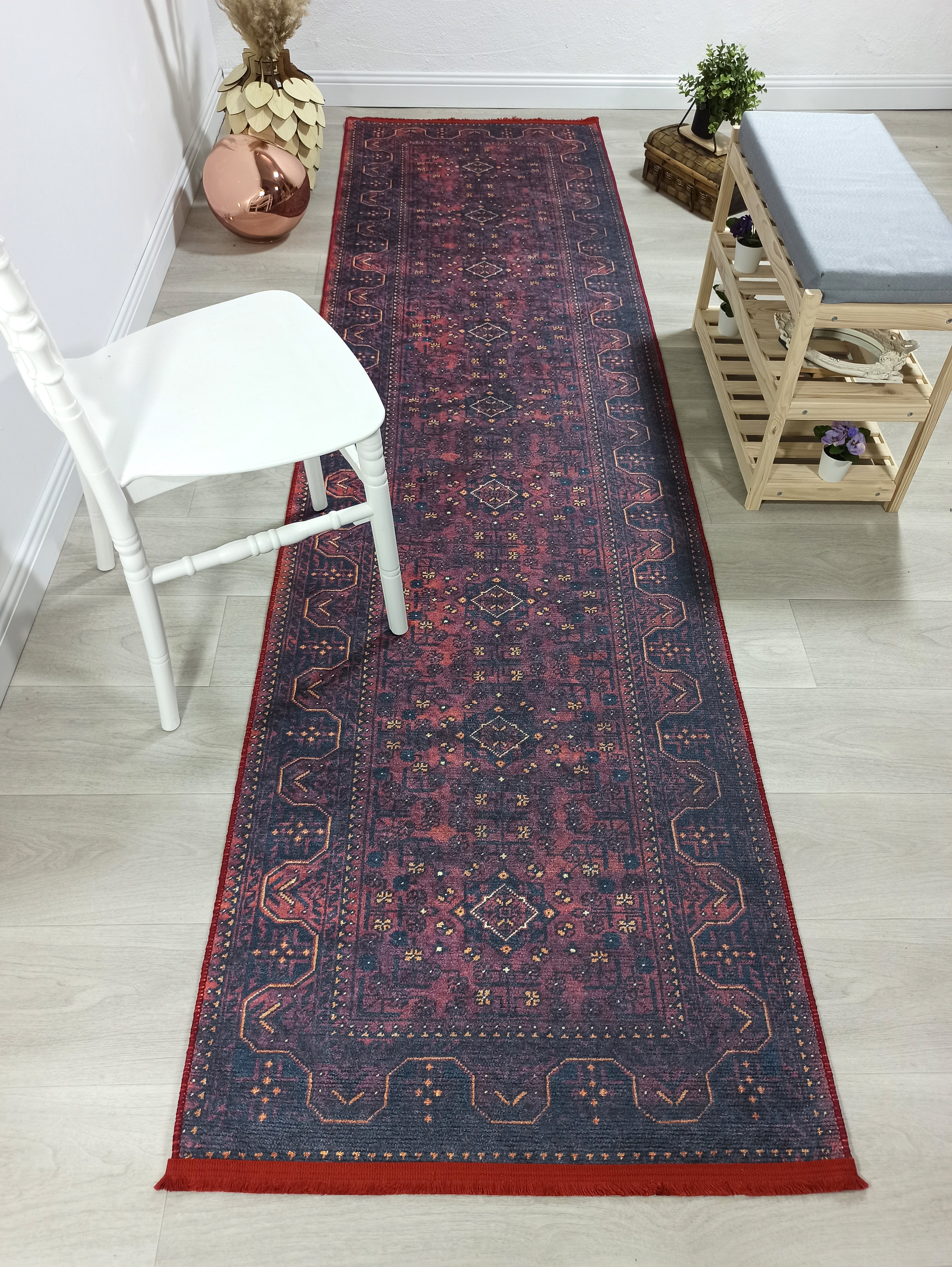 Turkish Oushak Traditional Mid-century Red Navy Blue Rug