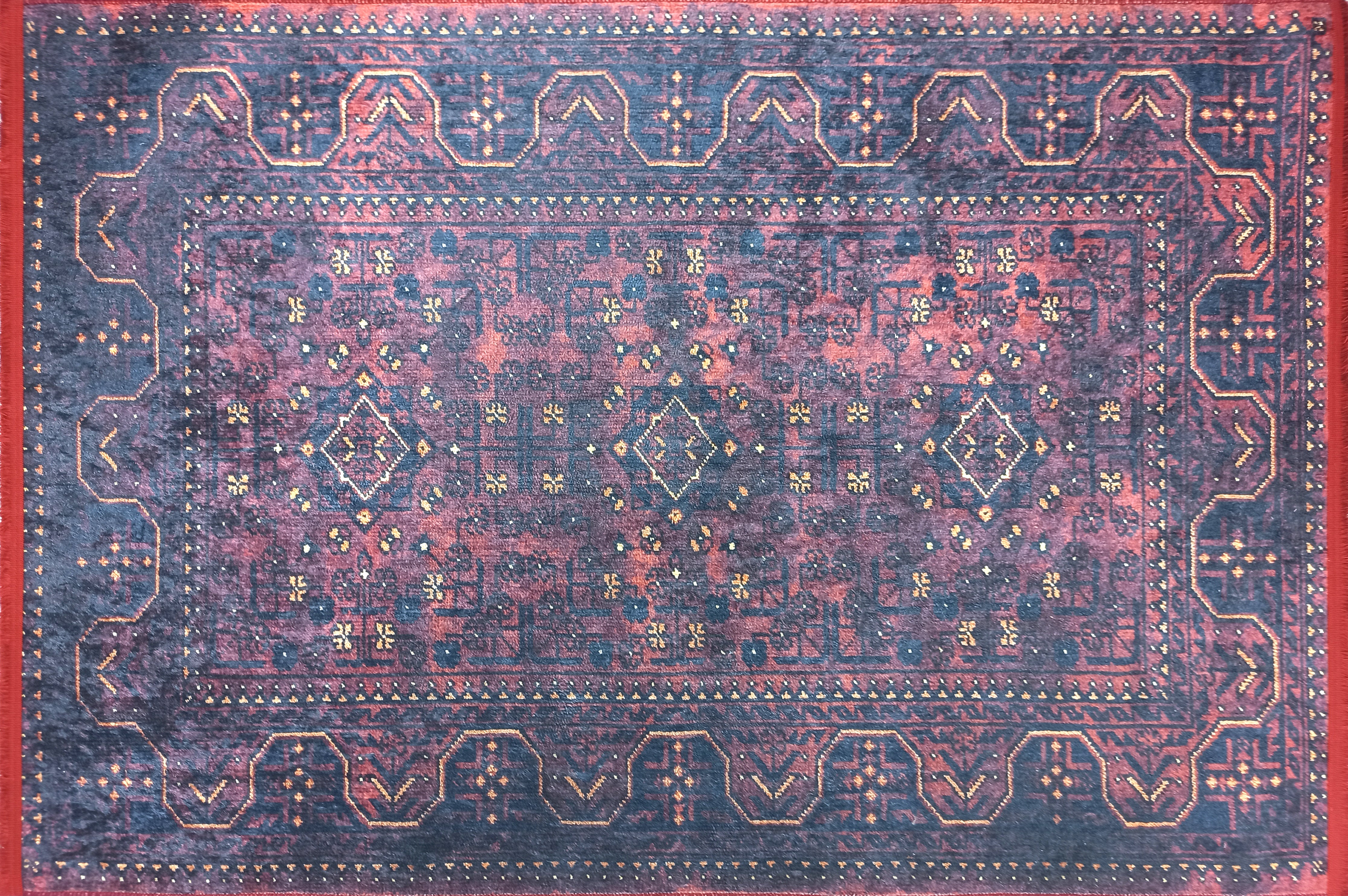 Turkish Oushak Traditional Mid-century Red Navy Blue Rug