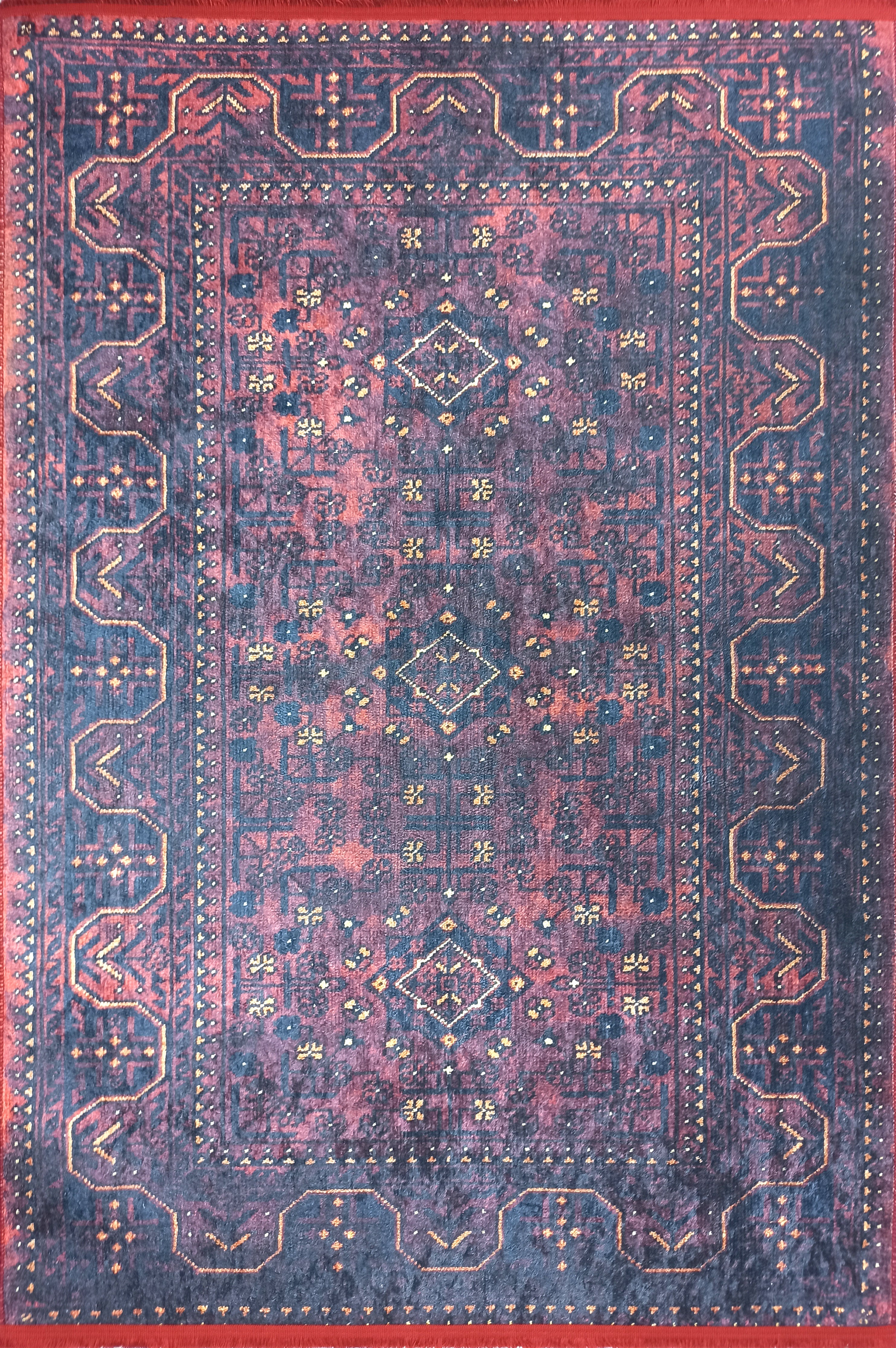 Turkish Oushak Traditional Mid-century Red Navy Blue Rug