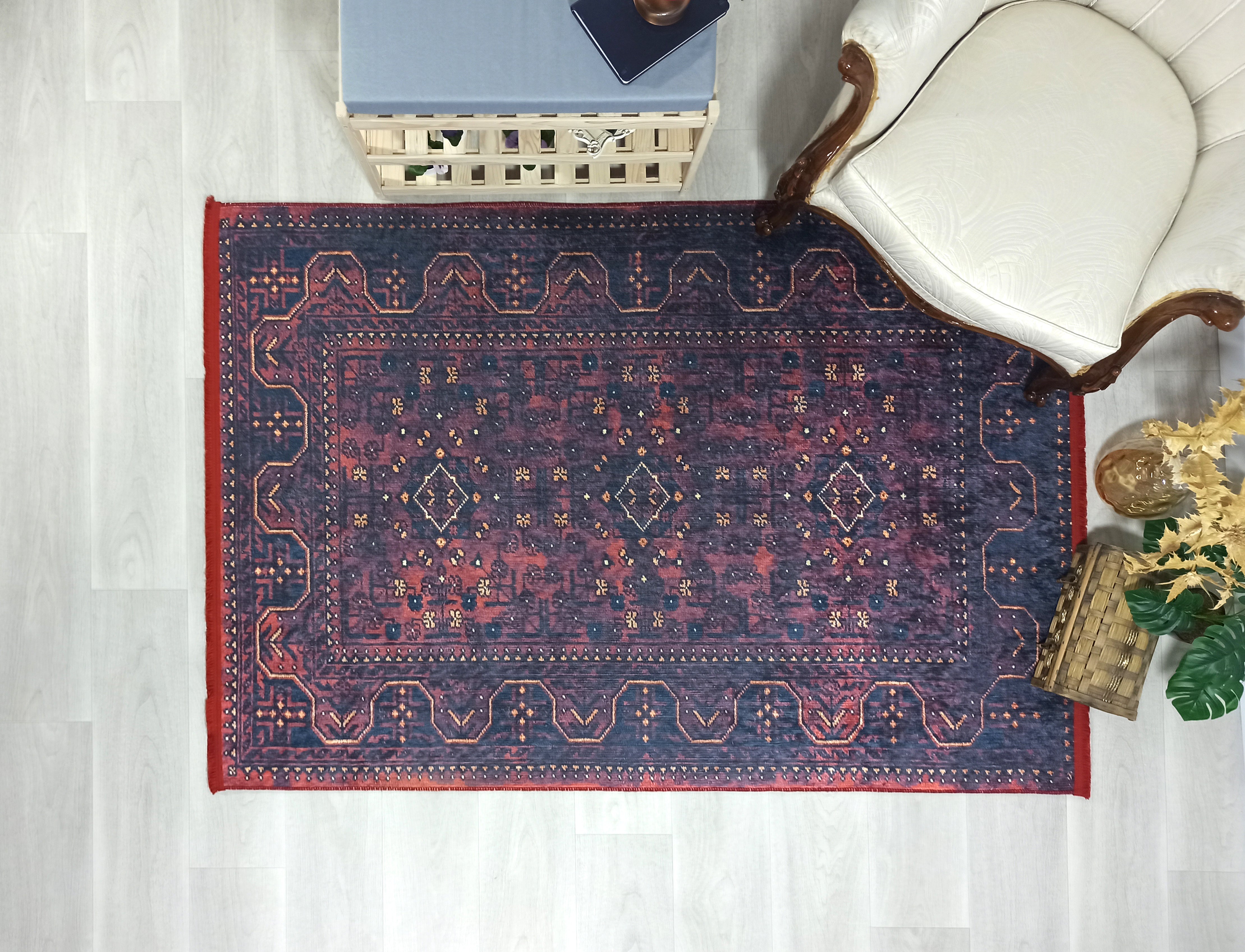 Turkish Oushak Traditional Mid-century Red Navy Blue Rug