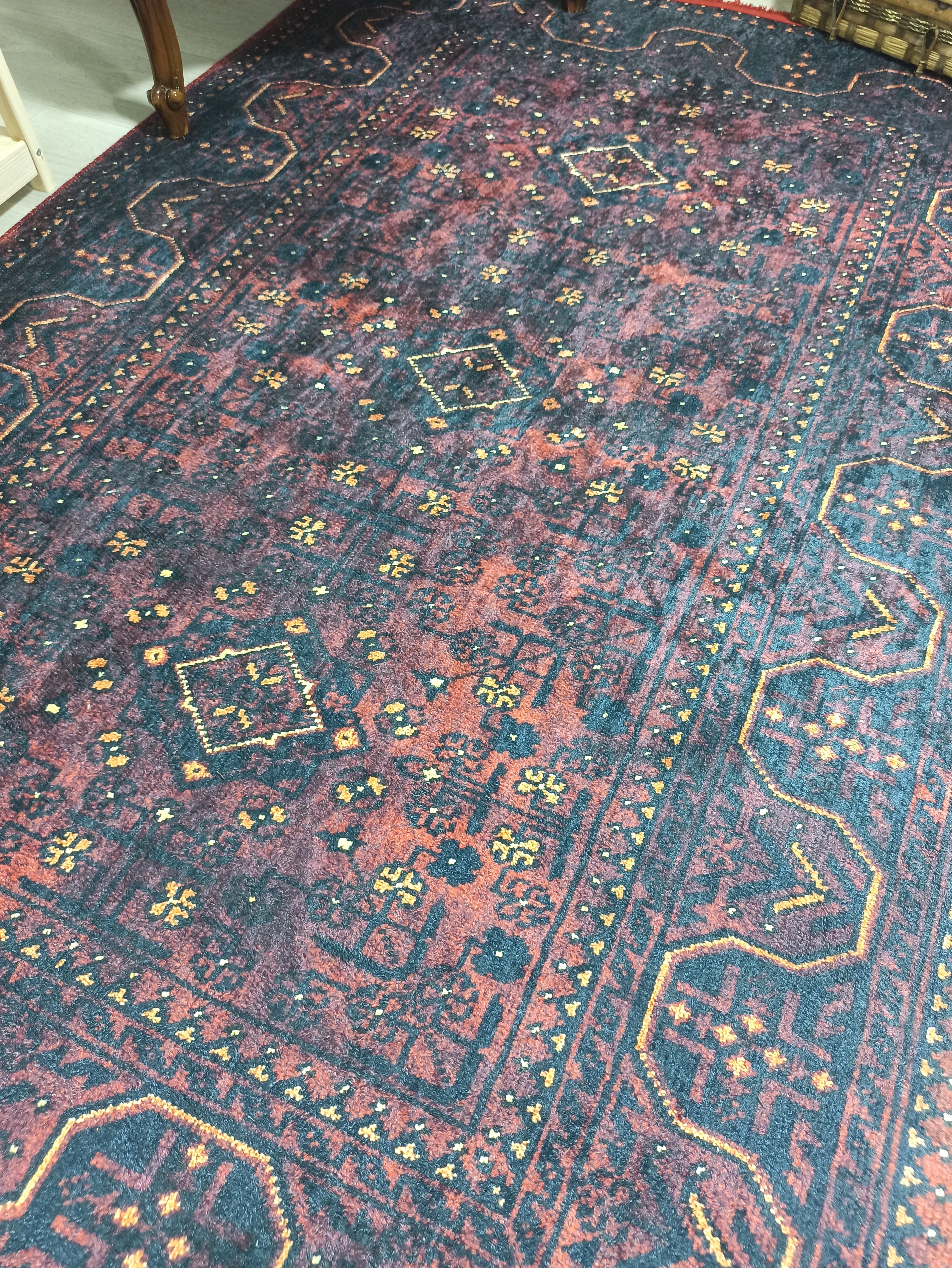 Turkish Oushak Traditional Mid-century Red Navy Blue Rug