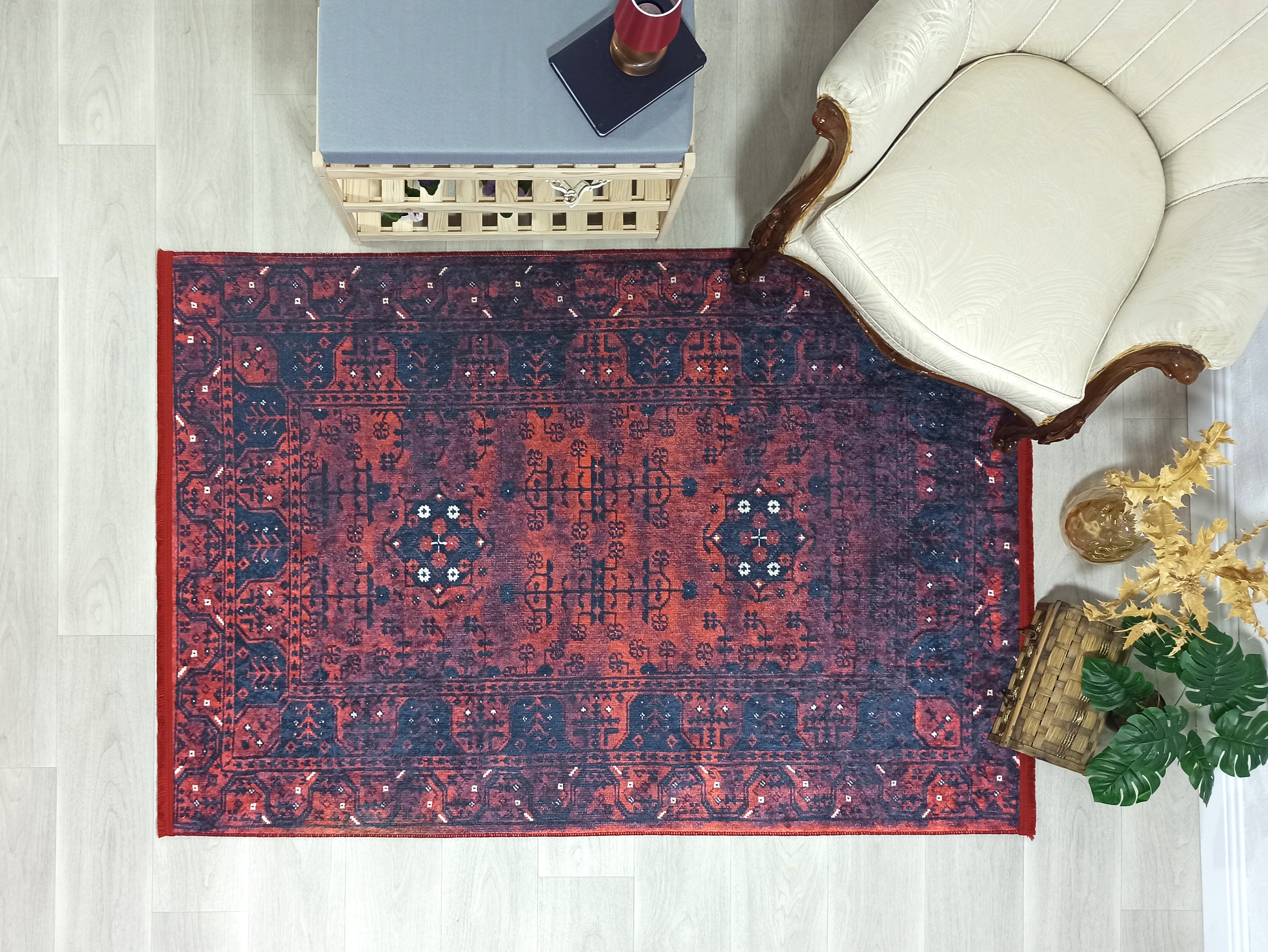 Turkish Oushak Farmhouse Decor Red Navy Blue Rug