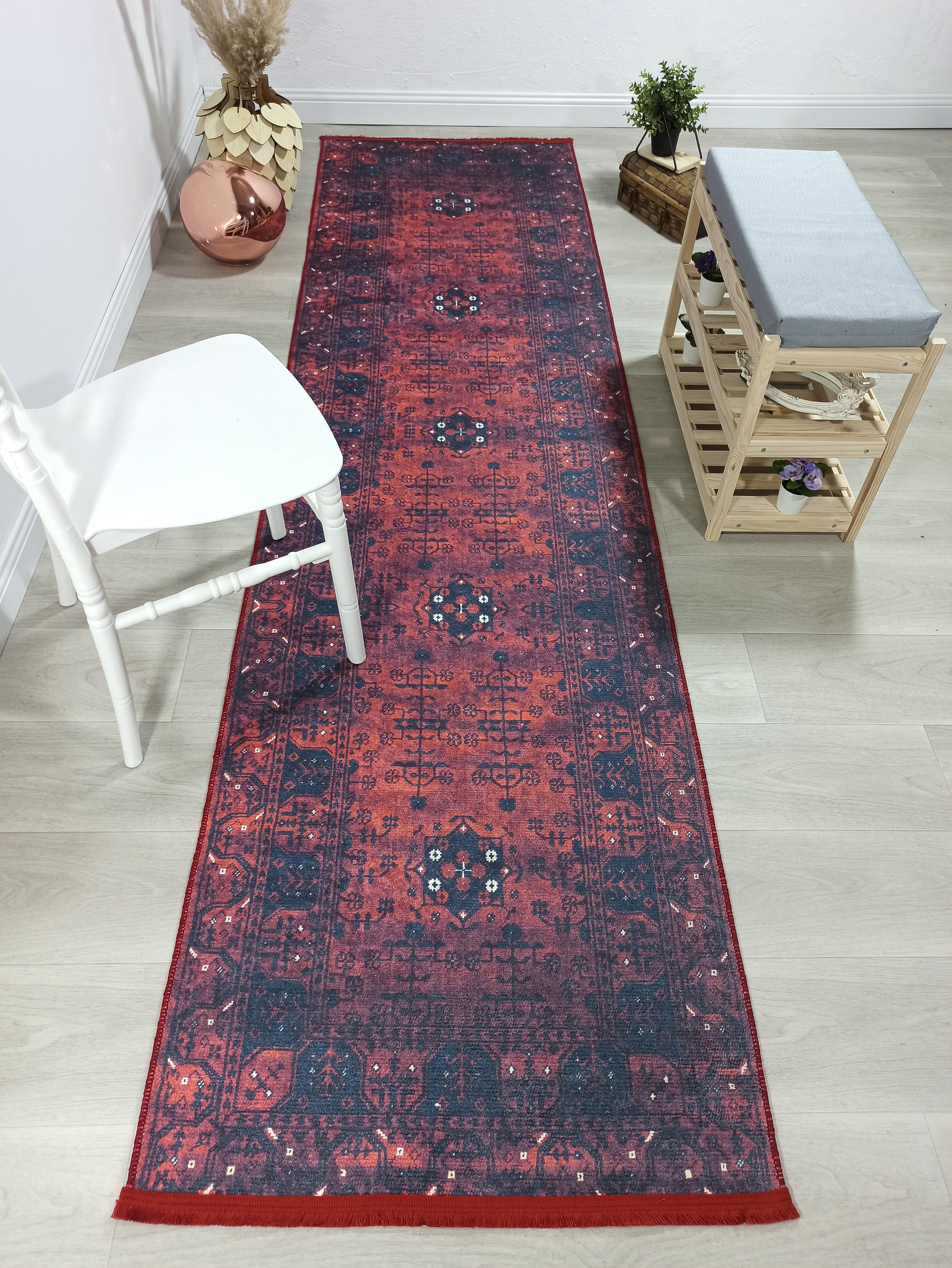 Turkish Oushak Farmhouse Decor Red Navy Blue Rug