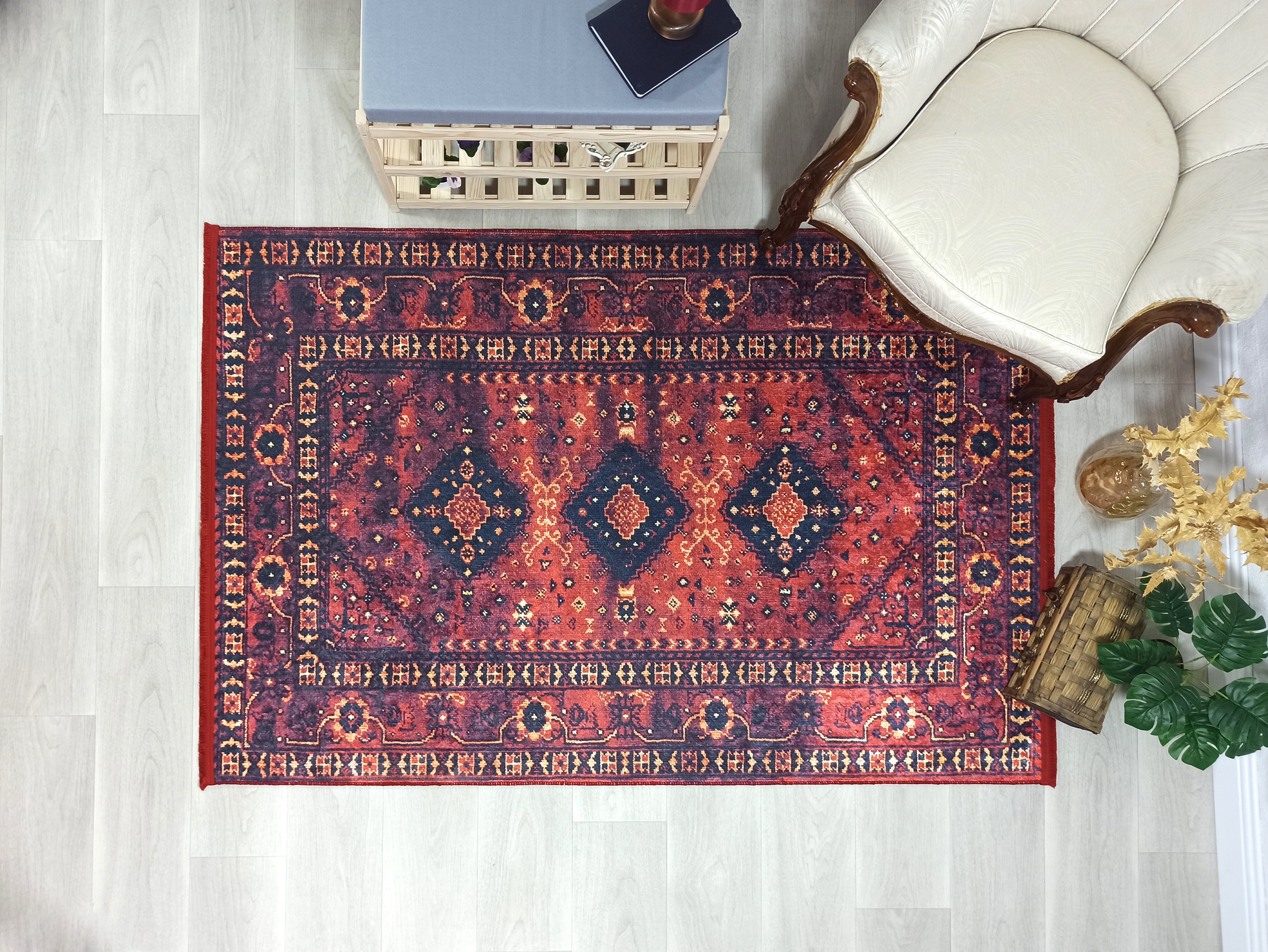 Turkish Oriental Design Red Navy Blue Rug