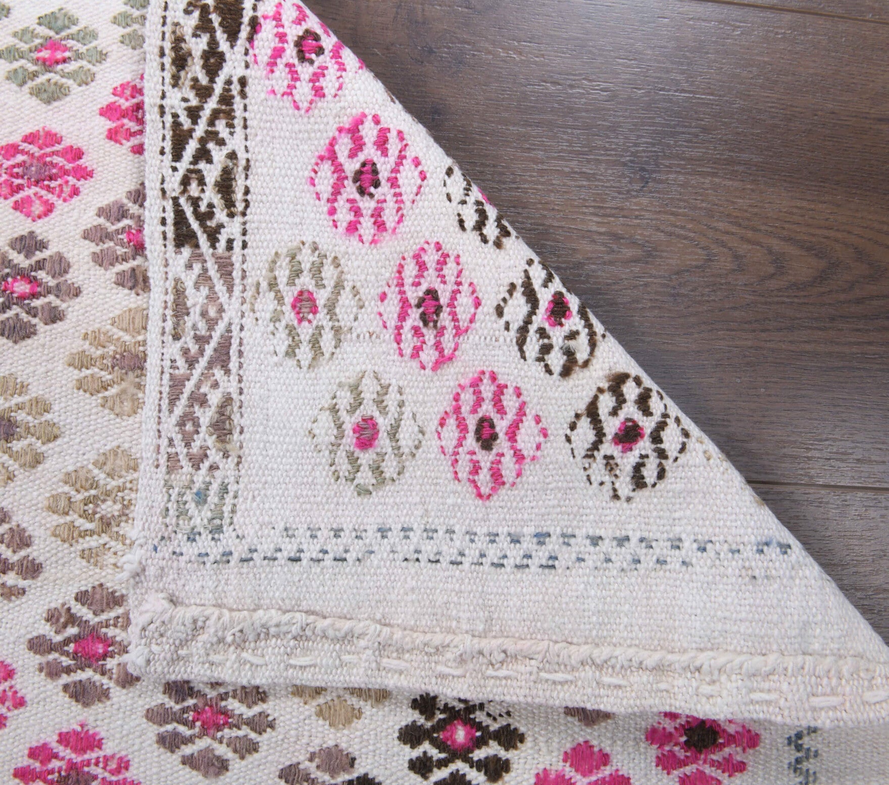 Theippa runner: 1970s handwoven flatweave Anatolian runner with oriental motifs and cotton backing