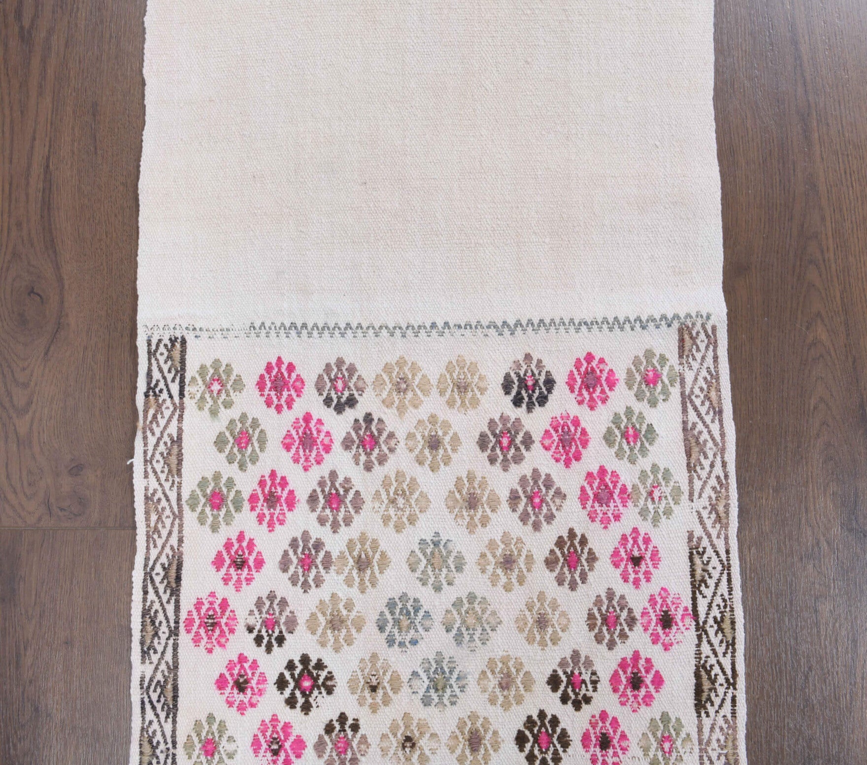 43x212 cm vintage kilim Anatolian runner rug – Theippa, flatweave, wool