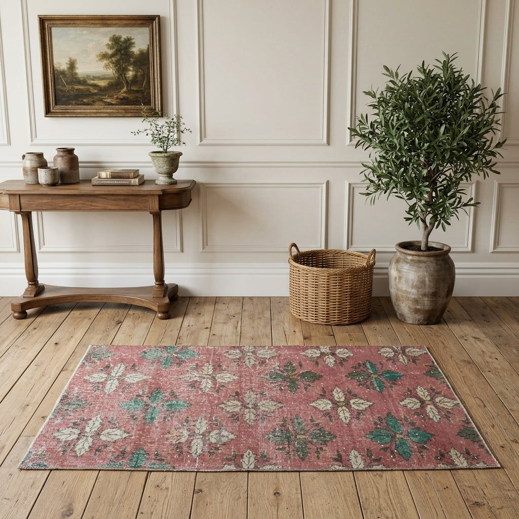 Floral pattern on the Periefruz Altinay retro vintage area rug – handmade in Anatolia, Turkey