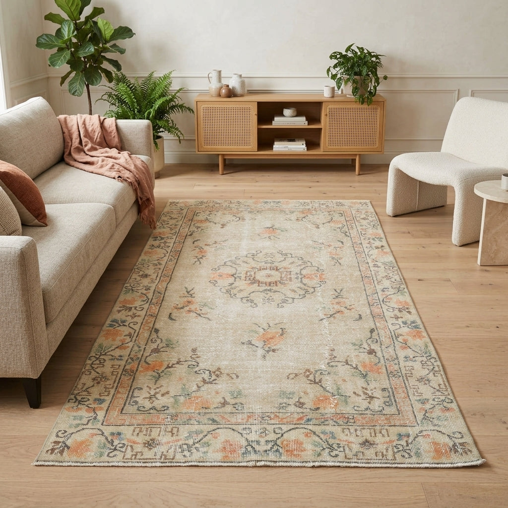 Oriental and floral pattern on the Ruhsel Alaia vintage area rug – handmade in Turkey