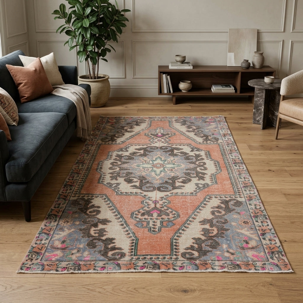 Tribal and oriental pattern on the Rhodophrosyne Alapinar vintage area rug – handmade in the Persian region