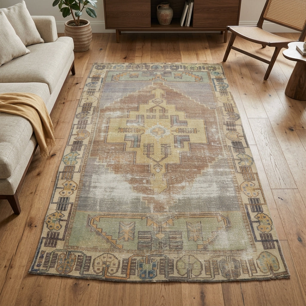 Tribal pattern on the Reyhanihal Alba distressed vintage area rug – handmade in Turkey