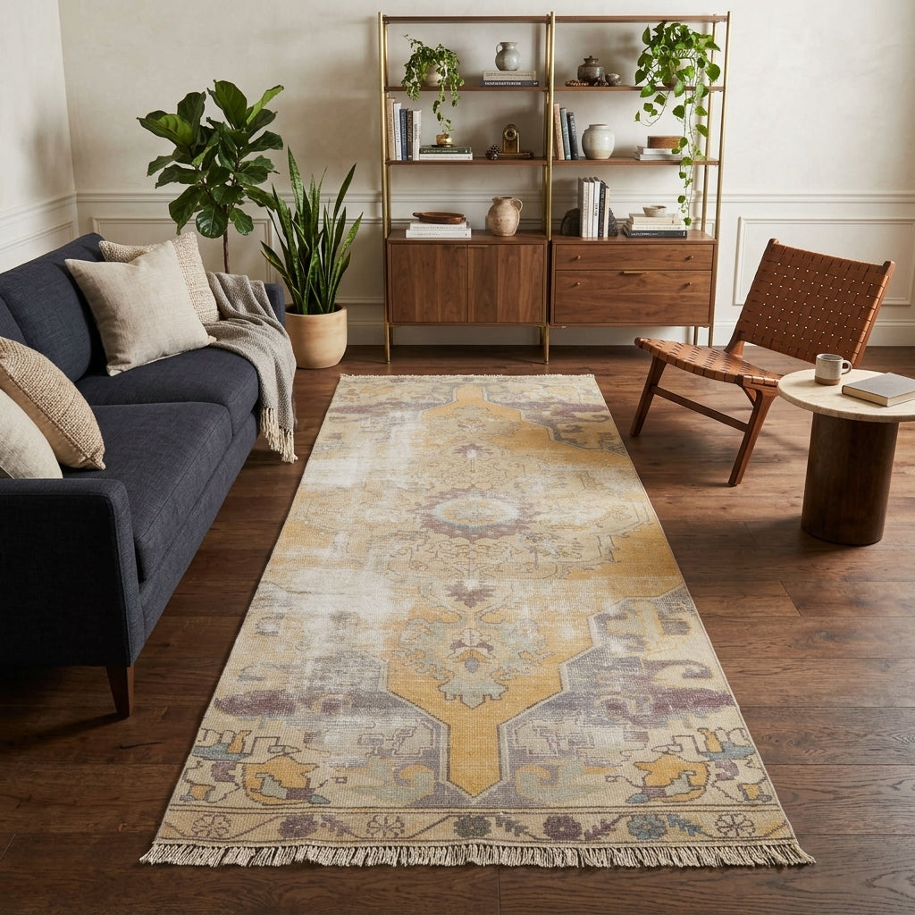 Tribal and floral pattern on the Philorhoda Alisay antique washed vintage area rug – handmade in Turkey