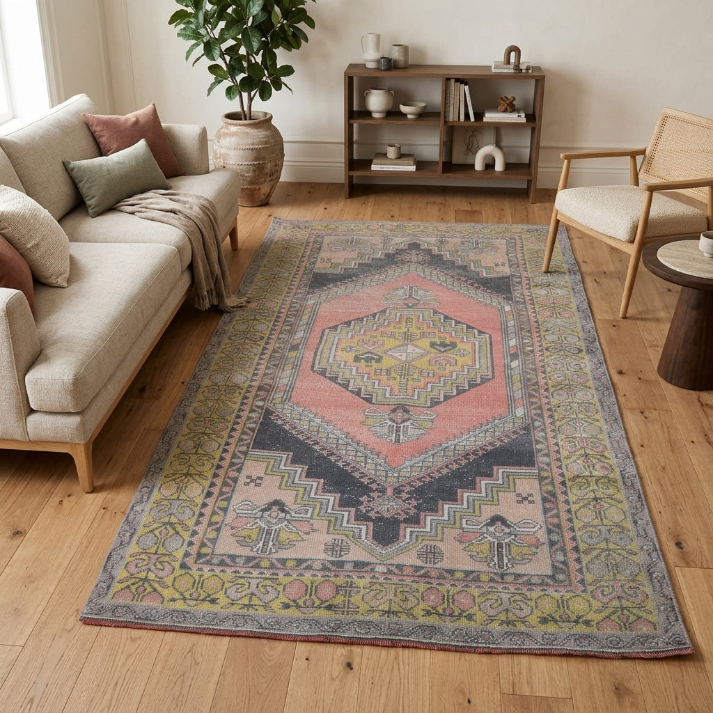 Oriental and tribal pattern on the Philomorphe Alisha vintage area rug – handmade in Turkey