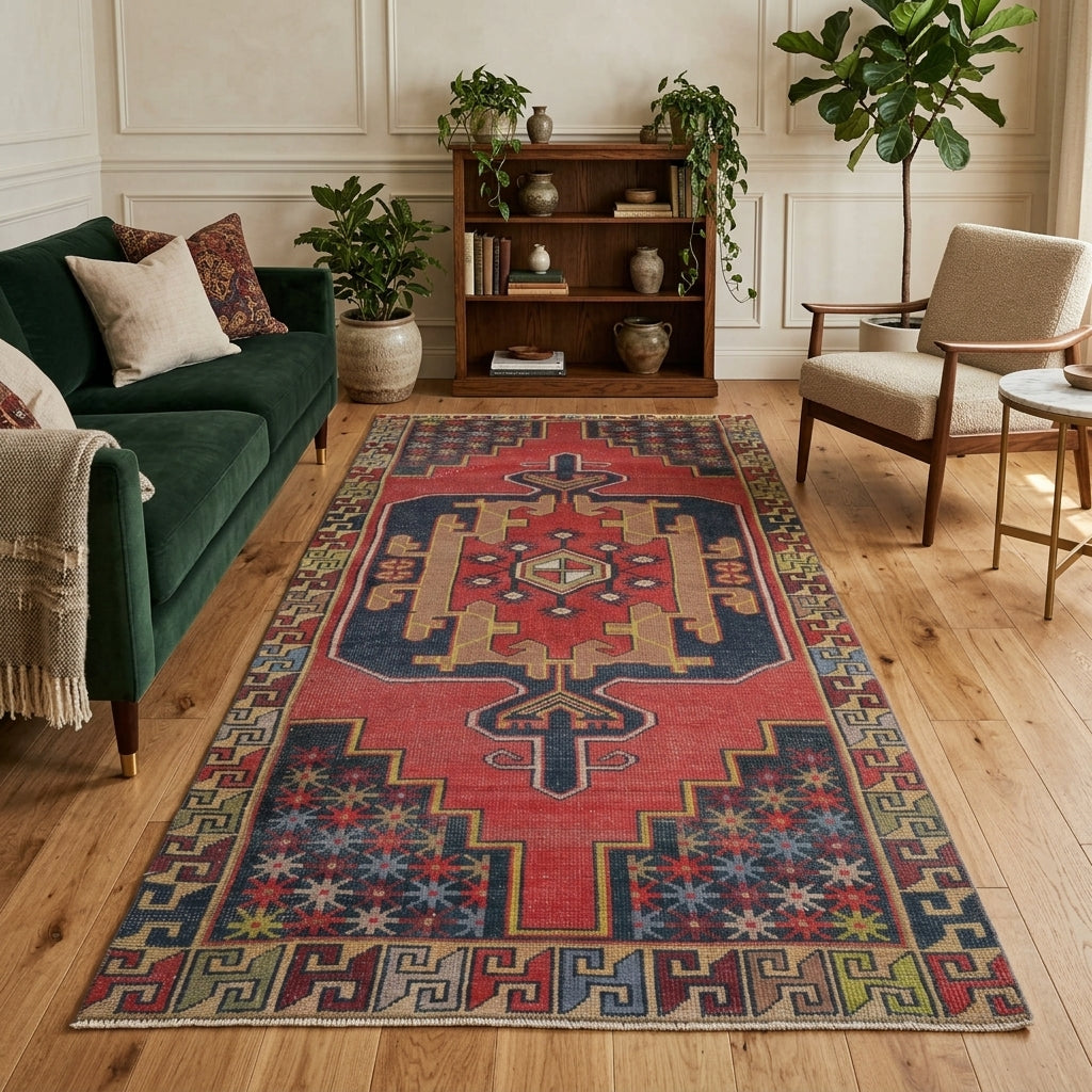 Tribal pattern on the Pervaefruz Alona vintage area rug – handmade in Anatolia, Turkey