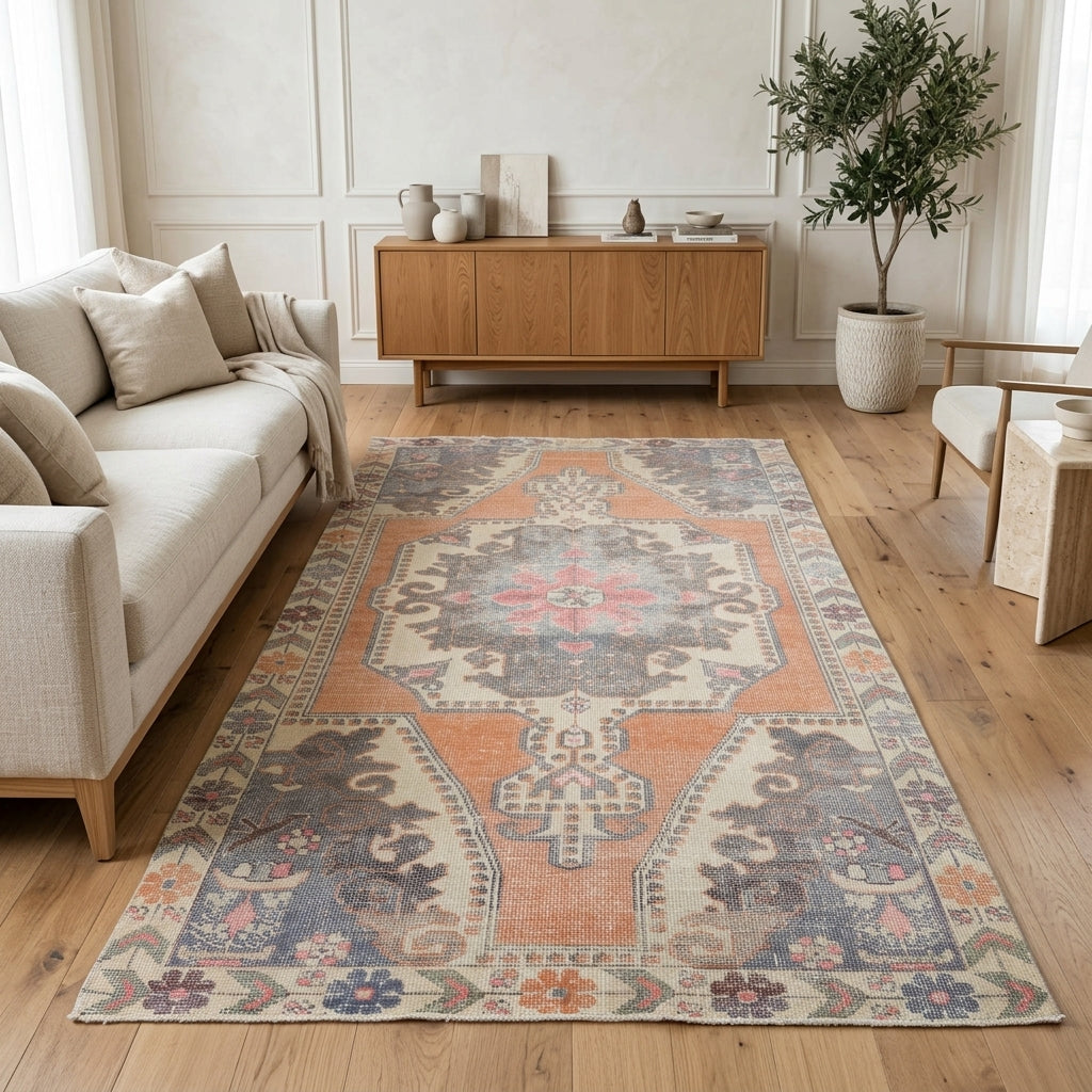 Tribal pattern on the Perisever Alperen vintage area rug – handmade in Anatolia, Turkey