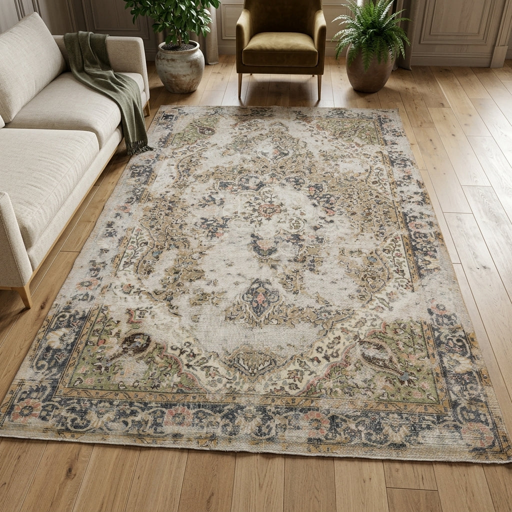 Oriental pattern on the Nilufersu Aurora distressed vintage area rug – handmade in Anatolia, Turkey