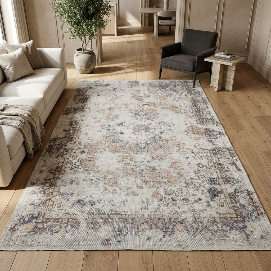 Oriental pattern on the Nigarhayat Aybanu distressed vintage area rug – handmade in Anatolia, Turkey