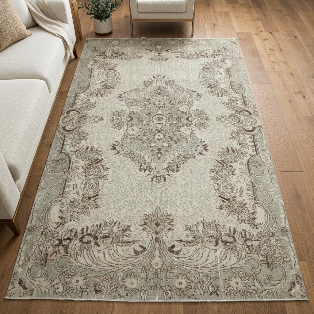 Tribal and floral pattern on the Nevbike Aycin vintage area rug – handmade in Anatolia, Turkey