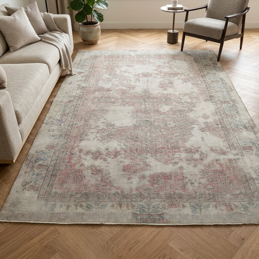 Floral pattern on the Nesibe Aydogan distressed vintage area rug – handmade in Anatolia, Turkey