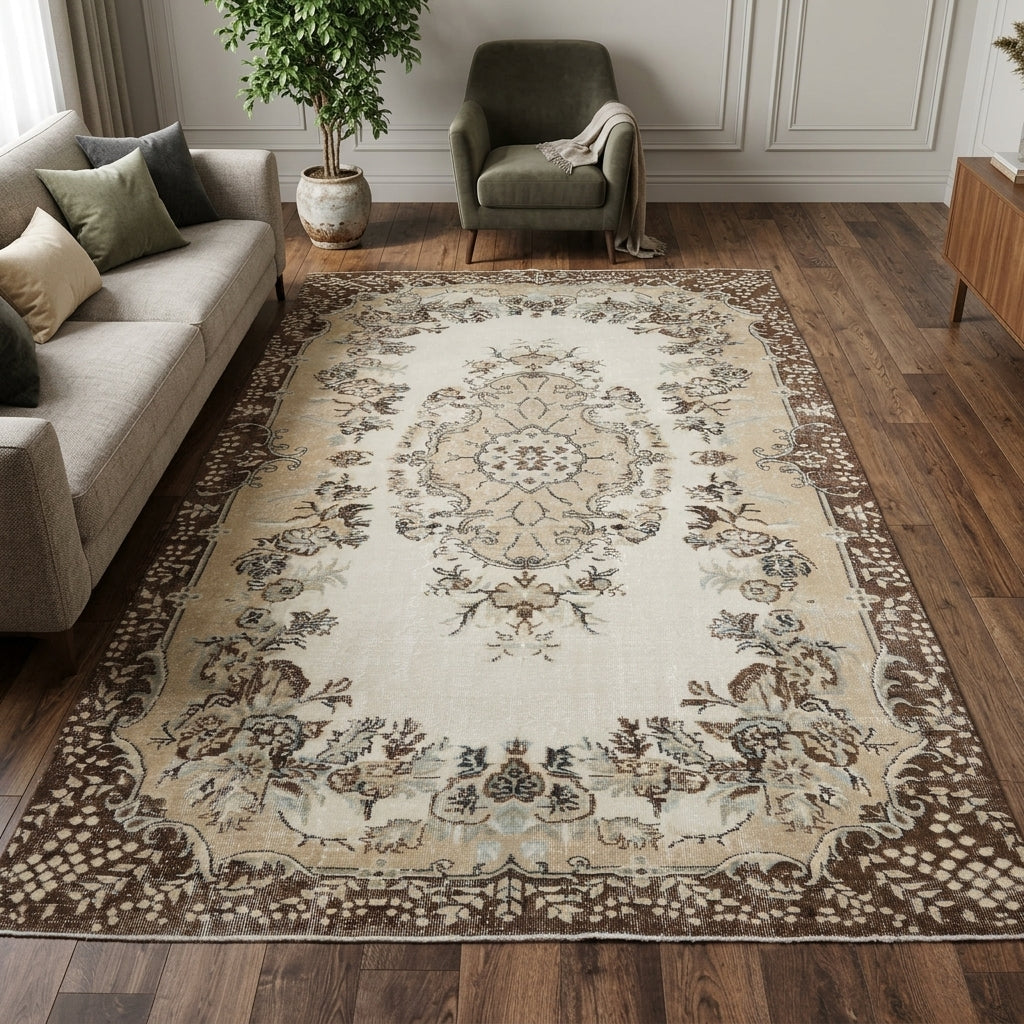 Tribal and floral pattern on the Nergiskusa Ayfer vintage area rug – handmade in Anatolia, Turkey