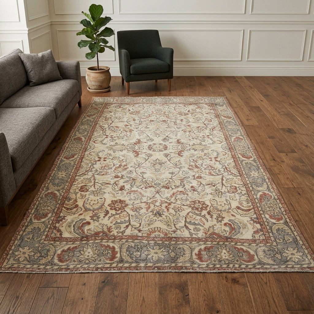Floral and oriental pattern on the Mirtodoxa Aysuda vintage area rug – handmade in Anatolia, Turkey
