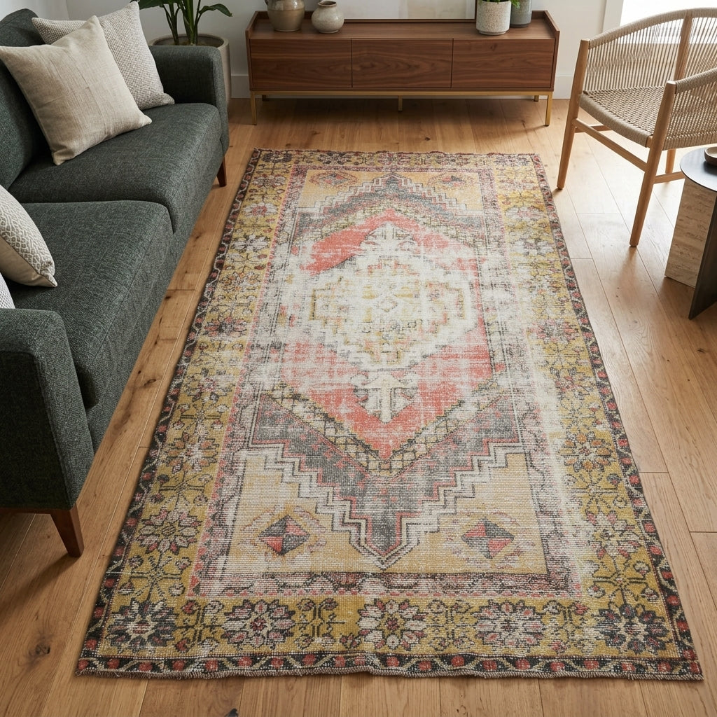 Tribal pattern on the Melissotima Bagish distressed vintage area rug – handmade in Anatolia, Turkey