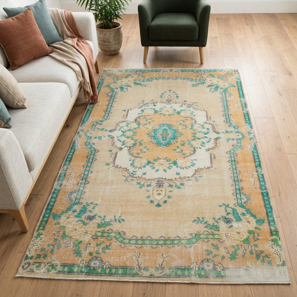 Tribal and floral pattern on the Mericnur Azad vintage area rug – handmade in Anatolia, Turkey