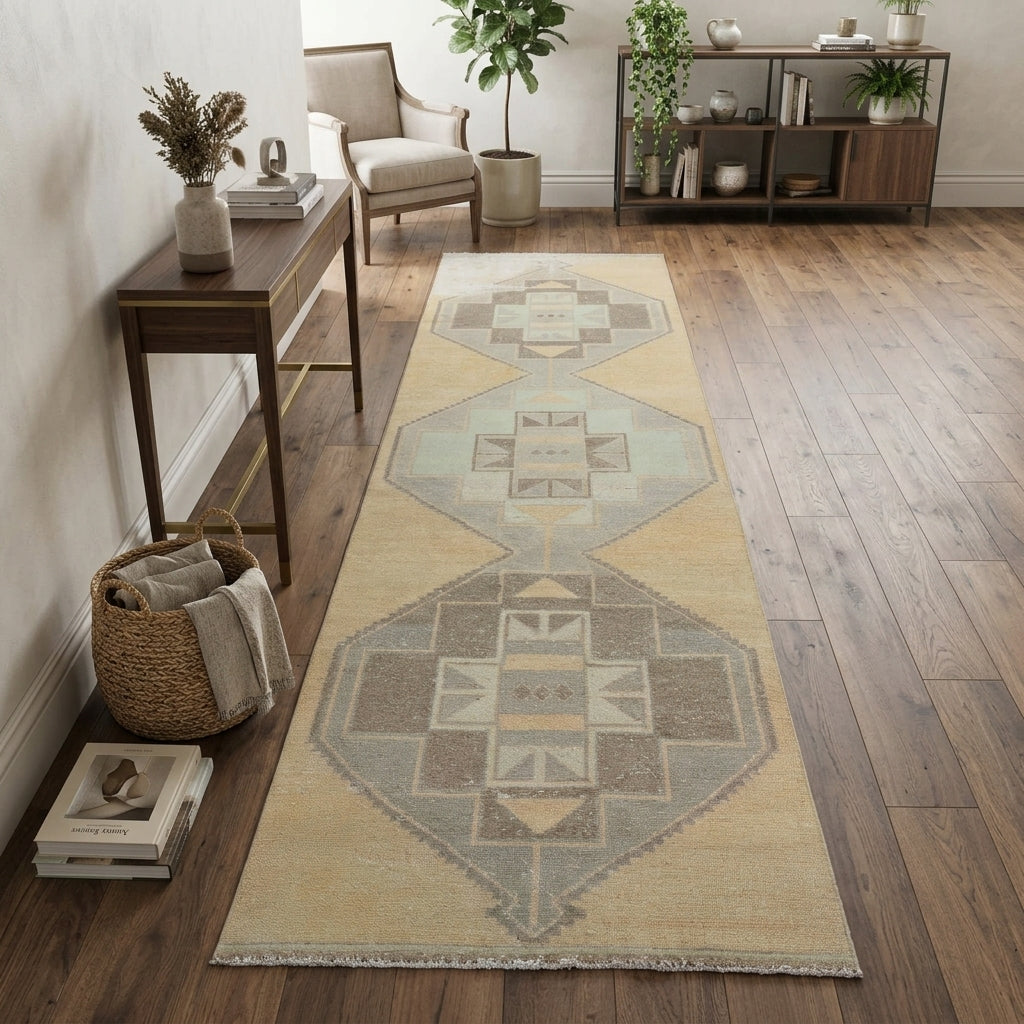 Geometric pattern on the Kyridora Bengu vintage runner rug – handmade in Anatolia, Turkey