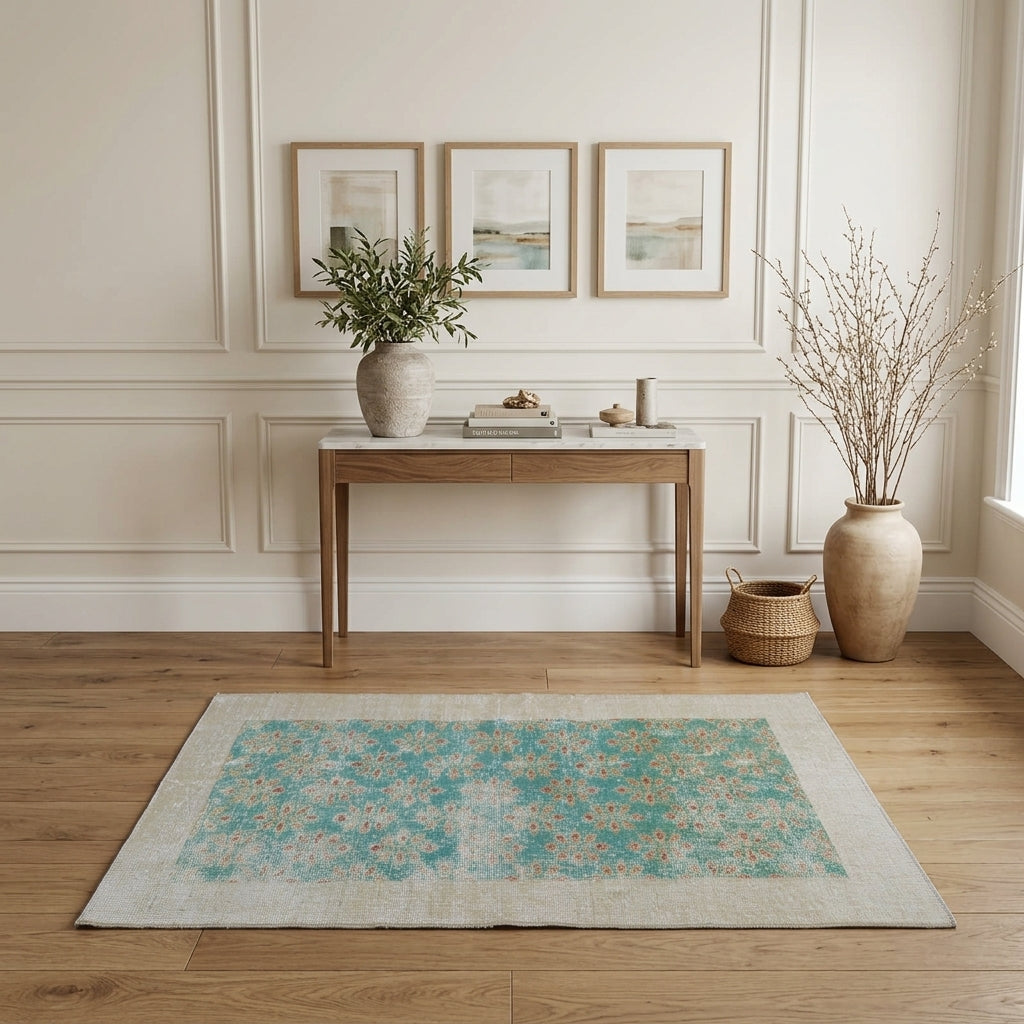 Floral pattern on the Ketenbahce Berran distressed vintage area rug – handmade in Anatolia, Turkey
