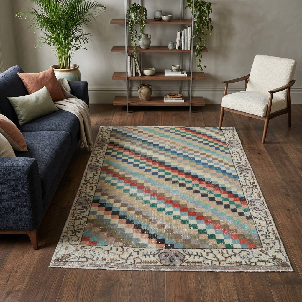 Checkered pattern on the Kallimeda Beth retro vintage runner rug – handmade in Anatolia, Turkey