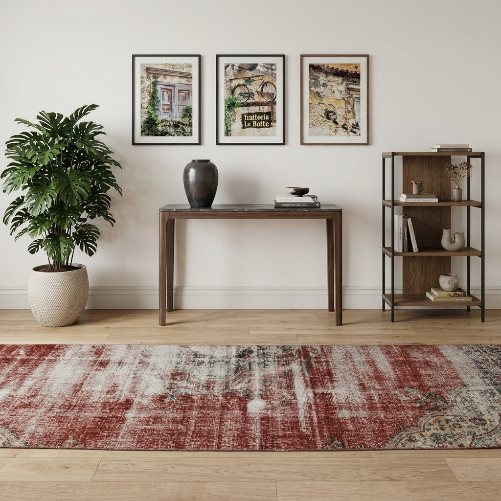 Tribal pattern on the Isiksu Beyzan distressed vintage runner rug – handmade in Anatolia, Turkey