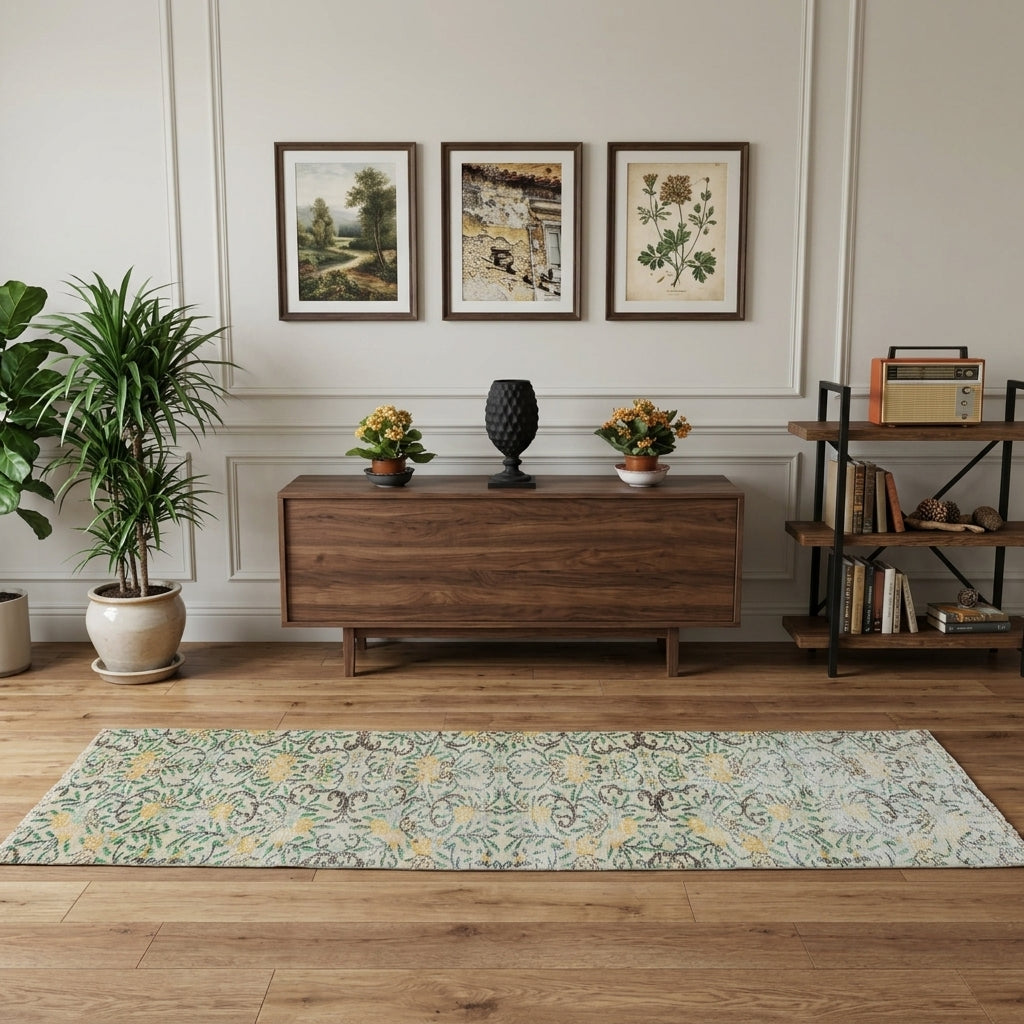 Floral pattern on the Husnugul Briar vintage runner rug – handmade in Anatolia, Turkey