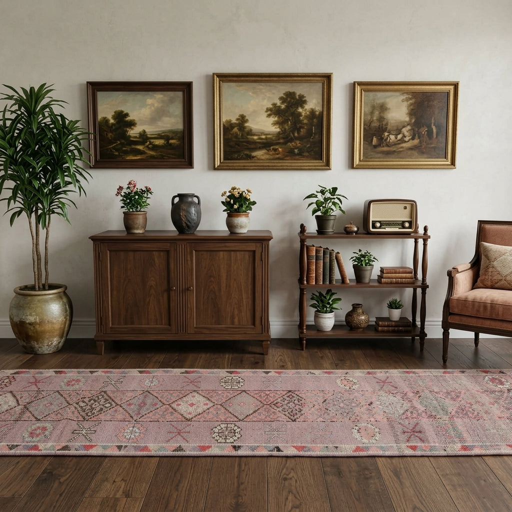 Tribal pattern on the Hurremdeniz Buglem vintage runner rug – handmade in Anatolia, Turkey