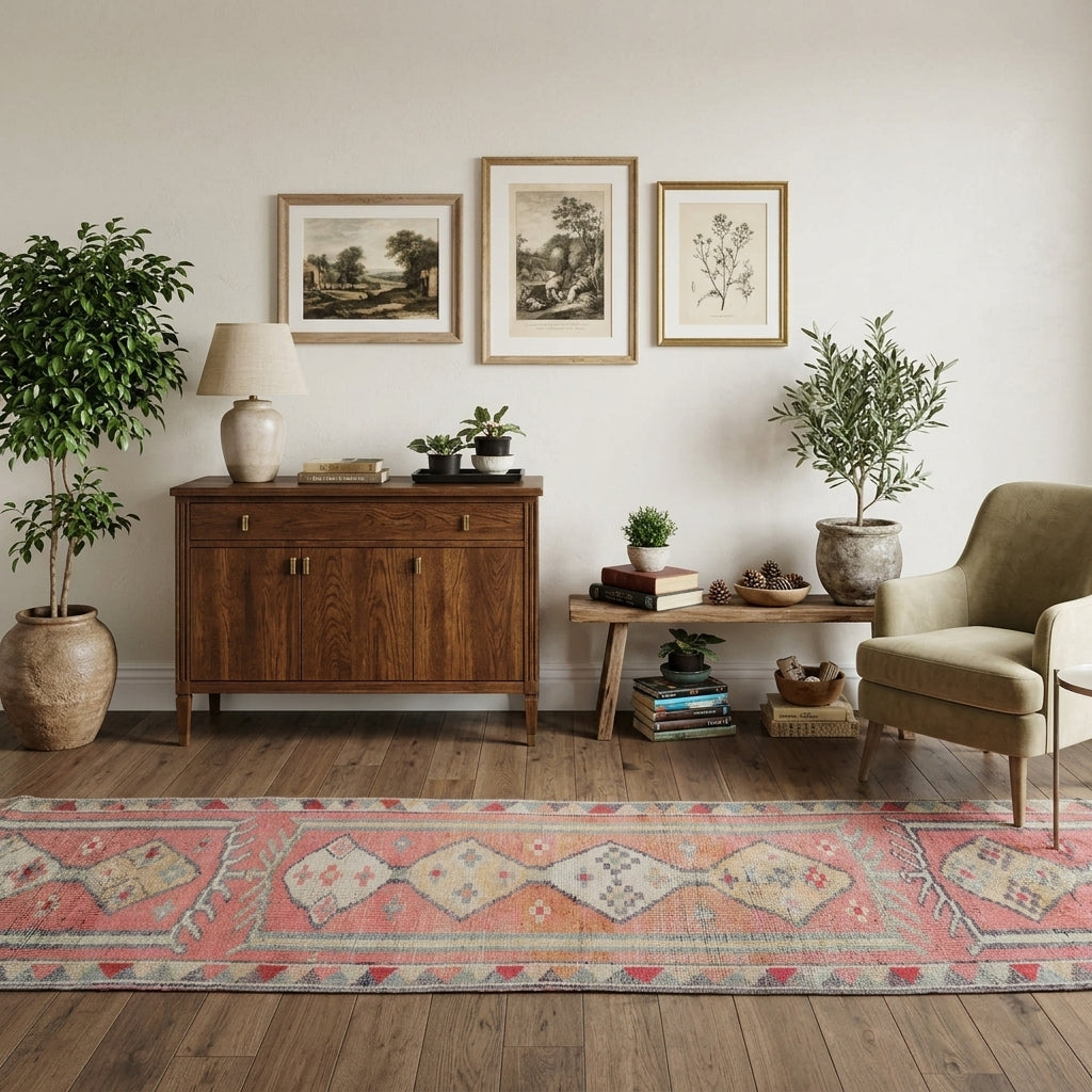 Tribal pattern on the Humadeniz Burcin vintage runner rug – handmade in Anatolia, Turkey