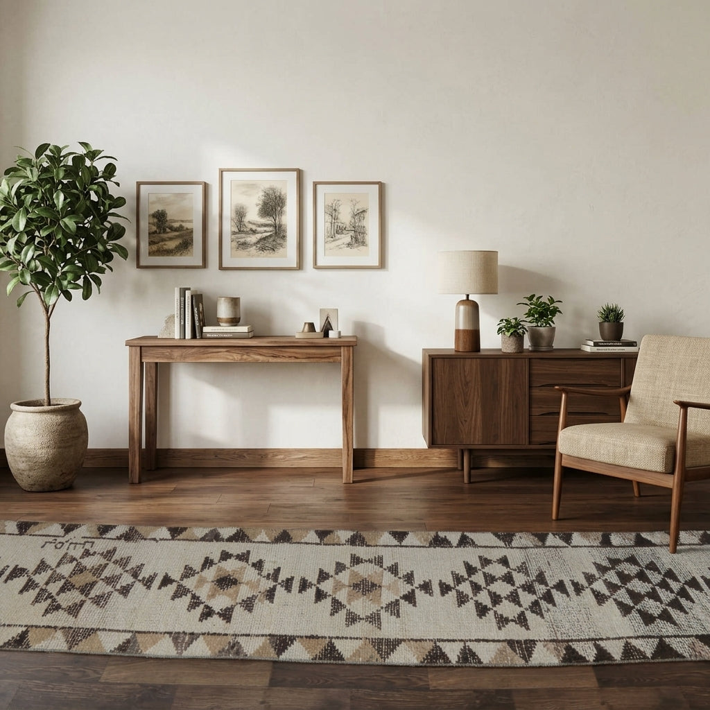 Tribal pattern on the Hemeromorphe Cagil vintage runner rug – handmade in Anatolia, Turkey