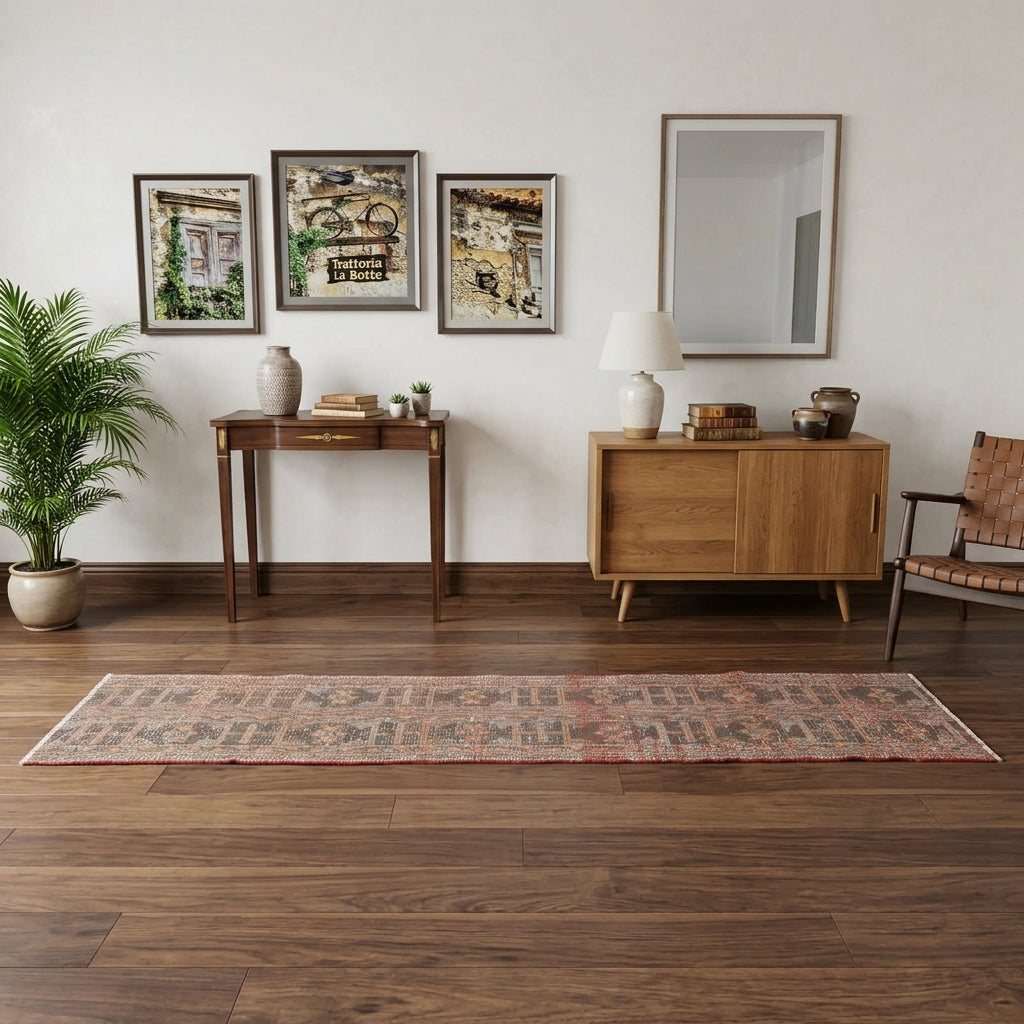 Tribal pattern on the Ozgenaz Dilber vintage patchwork runner rug – handmade in Anatolia, Turkey
