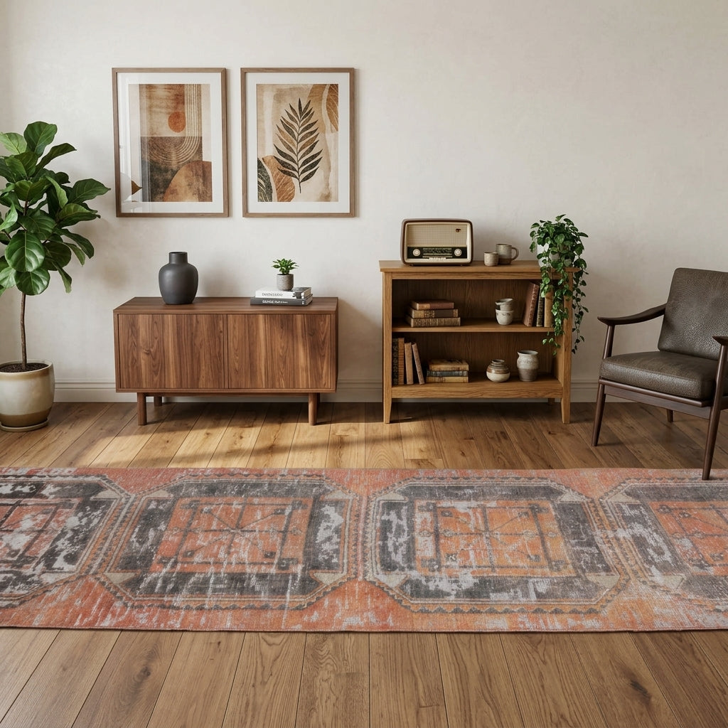Tribal pattern on the Mercanperver Candash distressed vintage runner rug – handmade in Anatolia, Turkey