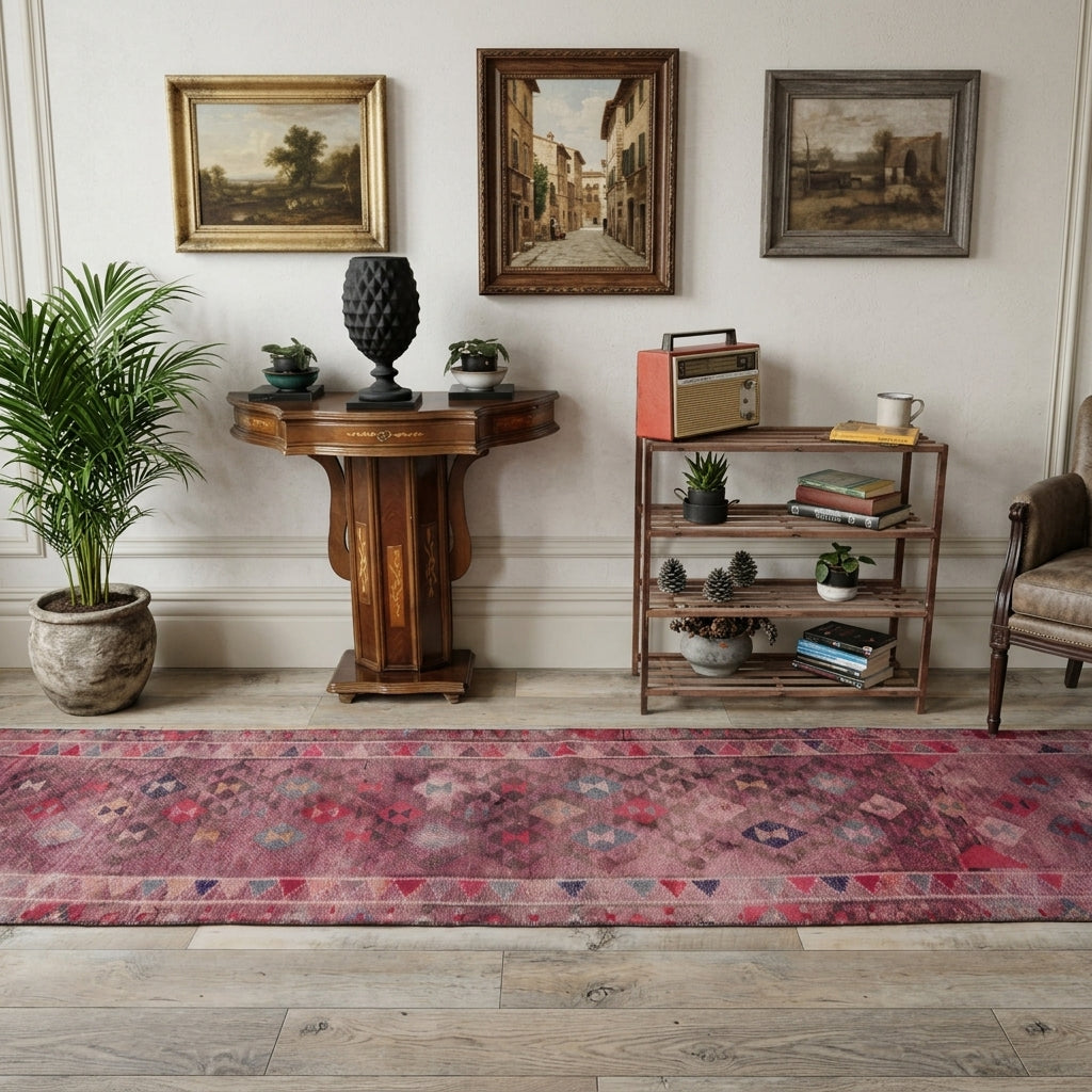 Triangular pattern on the Nesrinihal vintage runner rug – handmade in Anatolia, Turkey