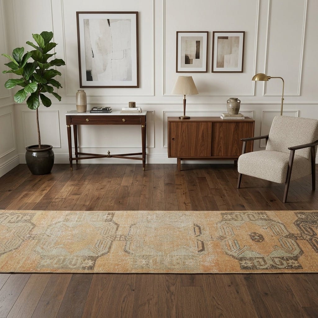 Tribal pattern on the Gultenaz Cataleya vintage runner rug – handmade in the Persian region